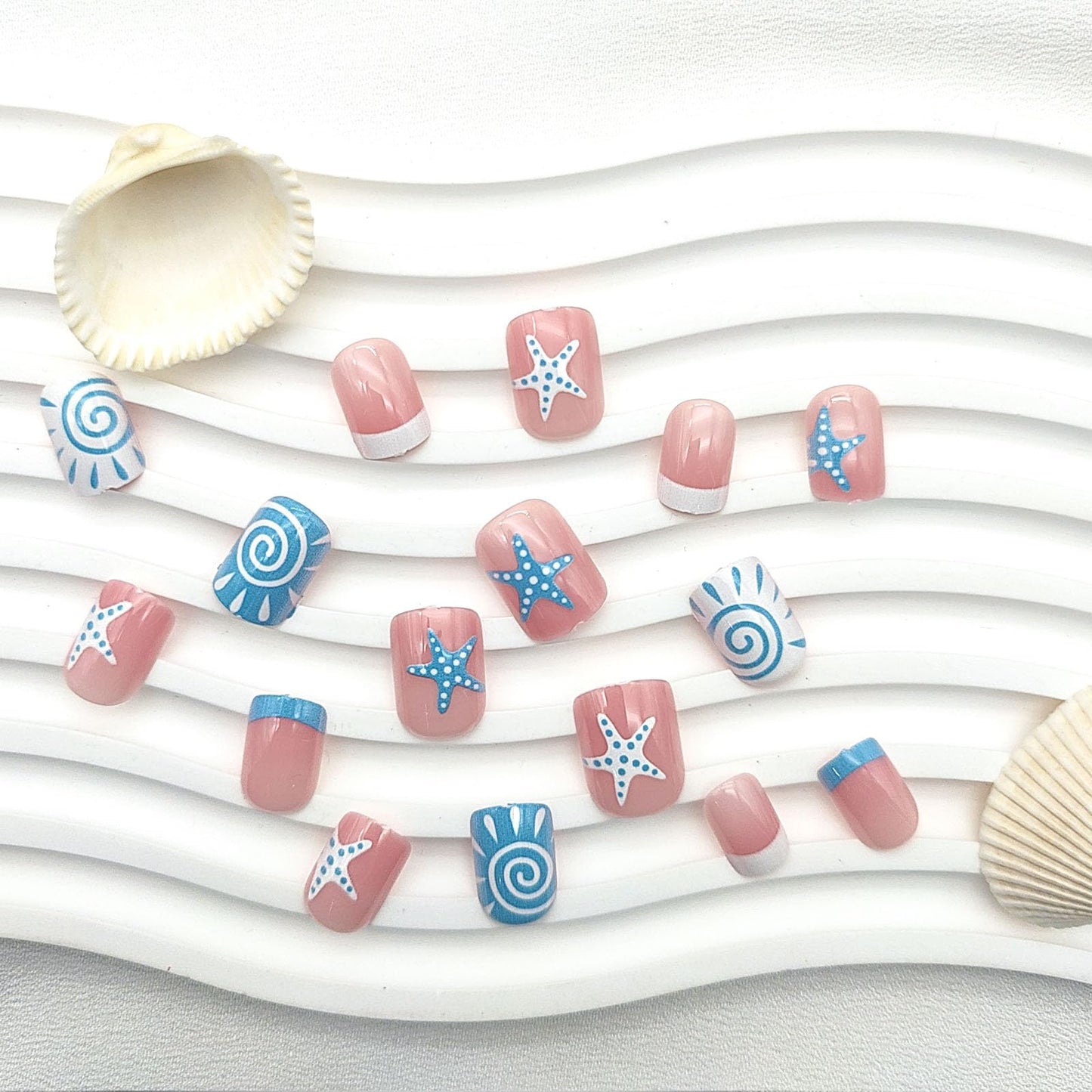 French Tip Press on Nails Short Square Fake Nails with Starfish White Swirl Designs Nails Press ons Blue Glue on Nails Cute Acrylic Nails Summer Stick on Nails for Women 24Pcs