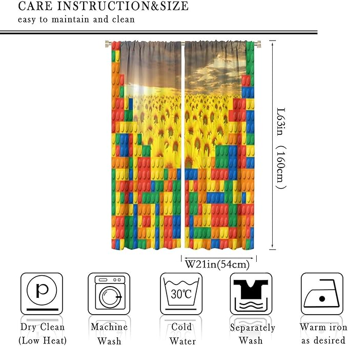 Colorful Building Blocks Sunflower Flower 3D Toy Printed Curtains, Building Blocks, Floral Sunflower Curtains, Interesting Brick 3D Design, Boys and Girls Room Curtain Panels, 2 Panels 42x63in