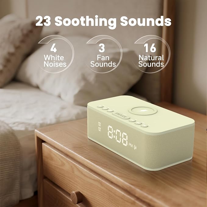 Digital Alarm Clock White Noise, Loud Digital Alarm Clocks Bedrooms, Alarm Clock Speaker Wireless Charger AUX USB Bluetooth Speaker 12/24H Dual Alarm Snooze Adjustable Brightness, Cream