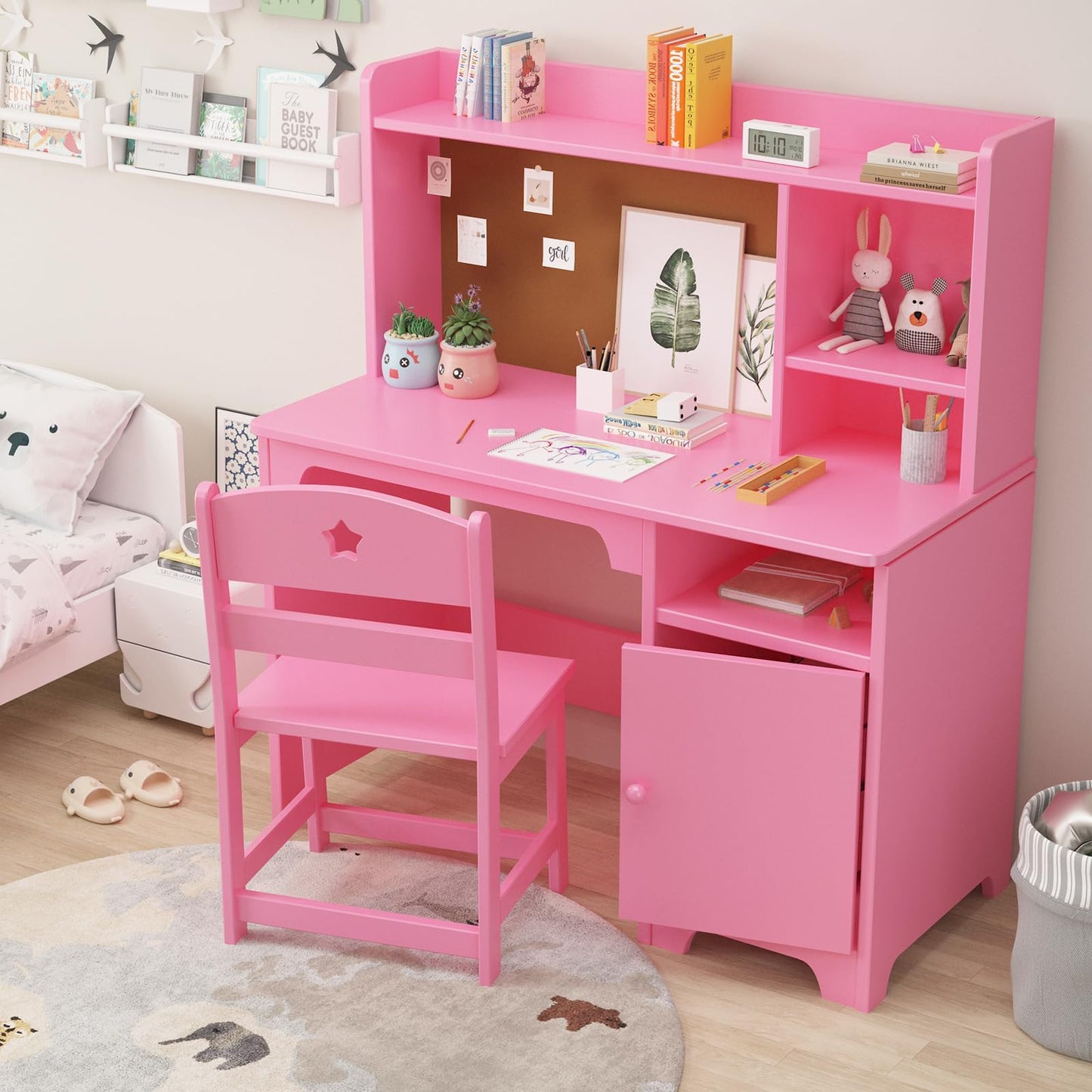GAOMON Kids Desk & Chair Set with Hutch, Wooden Writing Table with Storage Cabinet for Kids Bedroom, Study Room, Computer Workstation, Pink