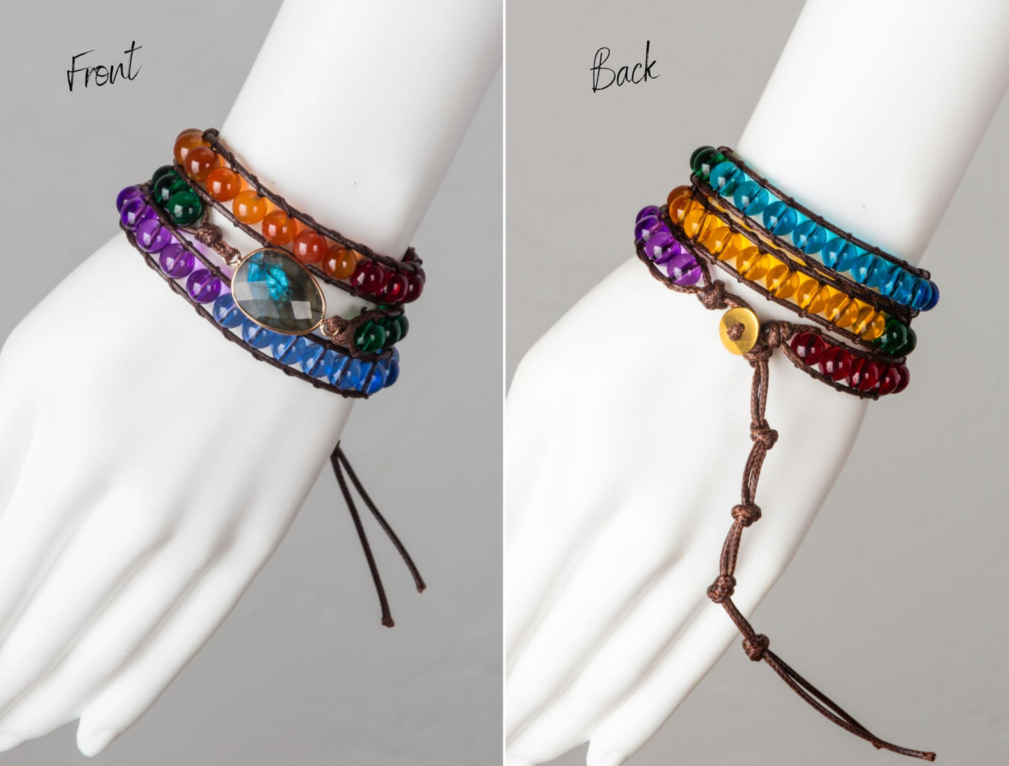 SPUNKYsoul Chakra Awareness Balancing Leather 3 Wrap Crystal Bracelet with Hematite for Women (Brown 8mm Labradorite)