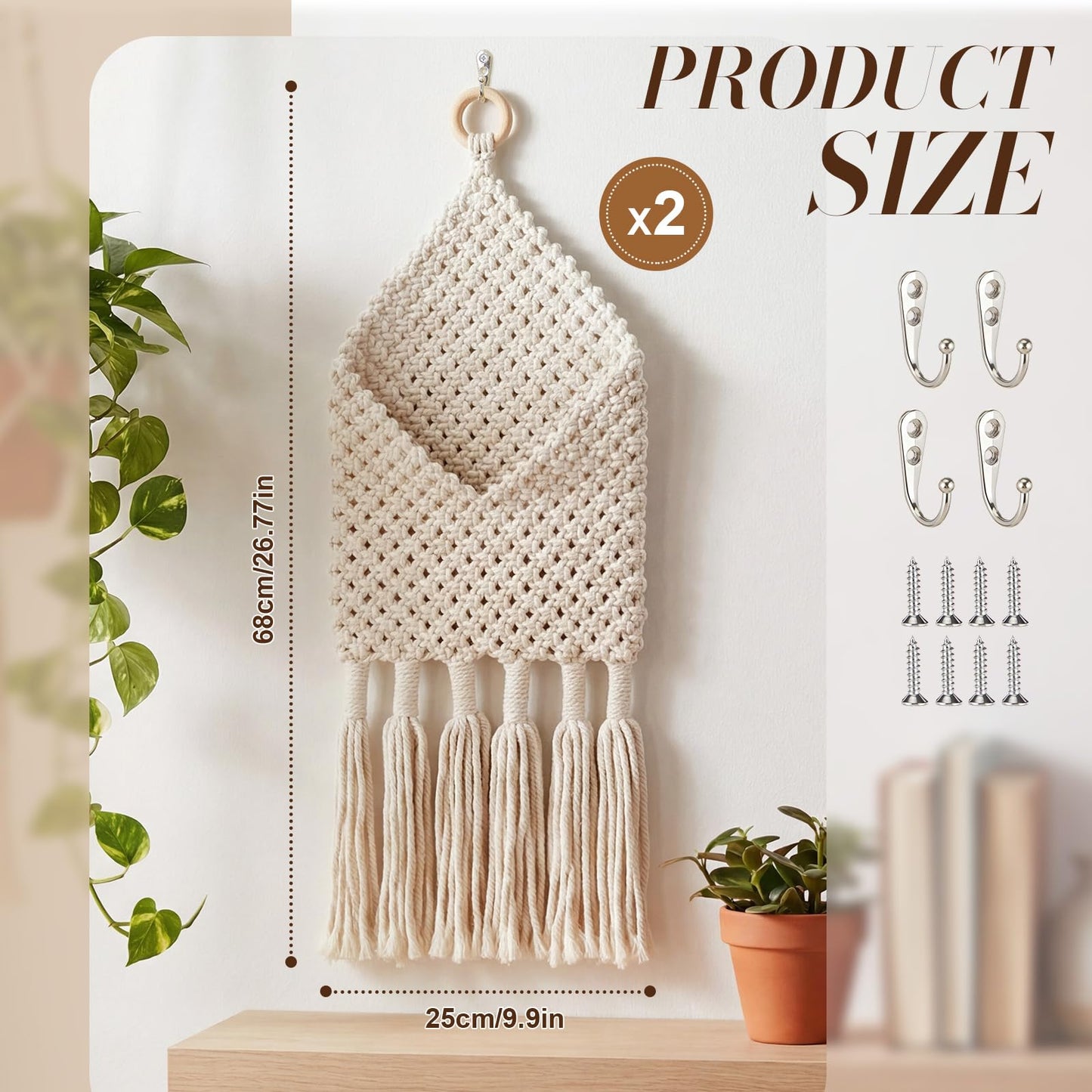 Marspark 2 Pack Boho Mail Holder for Wall, Handwoven Mail Organizer with Hooks, Cotton Rope Hanging Basket for Letters, Keys and Small Items for Entryway Home Office Hallway Decor, White
