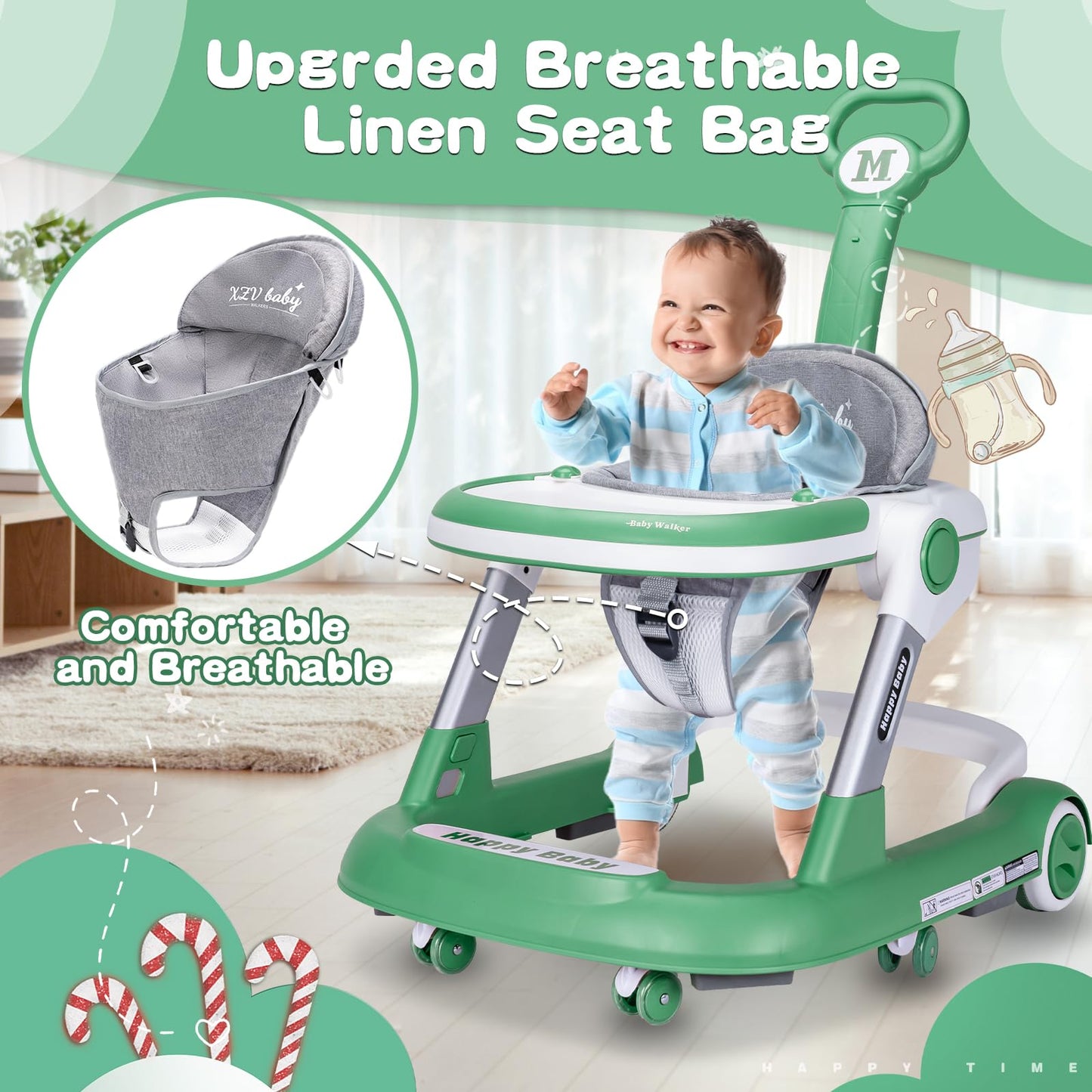 Baby Walker with Wheels 5 in 1 Foldable Activity Center with Mute Wheels Adjustable Heights Anti-Fall Push Walkers for Boys Girls Safe Infant Toddler Walker with Footrest for 6-24 Months