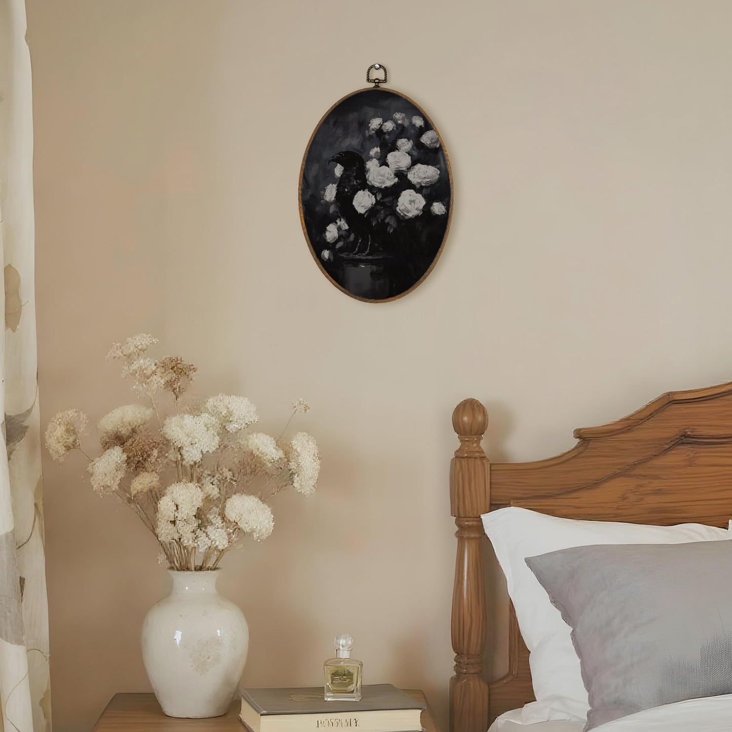 LKETW Dark Gothic Black Raven Oval Wall Art Decor, Dark Academia Black Crow Rose Floral Oval Canvas Hanging Decor, Gothic Goth Wall Decorations for Home Bedroom Living Room, 8.6x11.4 Inch