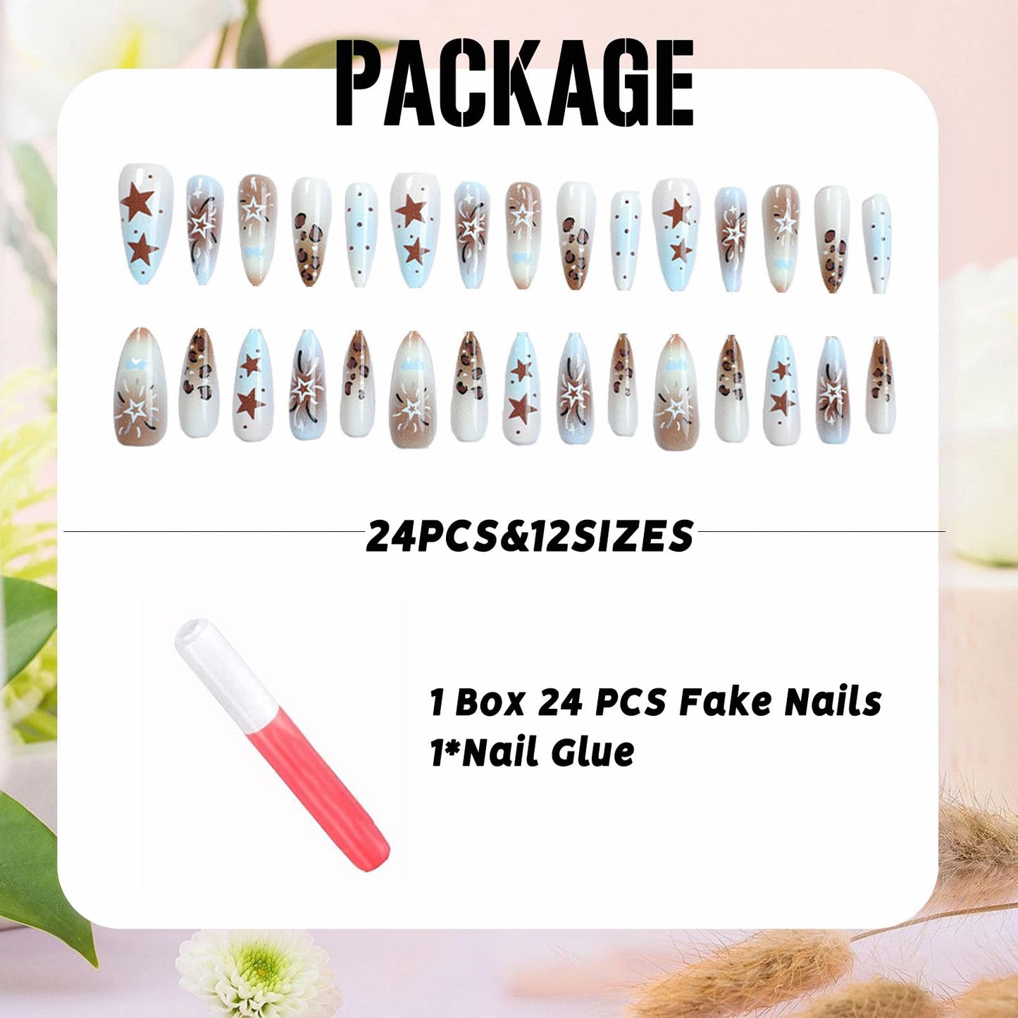 IMSOHOT Press on Nails Long Stiletto Fake Nails Glossy Brown Blue Ombre Acrylic False Nails Full Cover Leopard Print & Star Designs Glue on Nails for Women 24Pcs