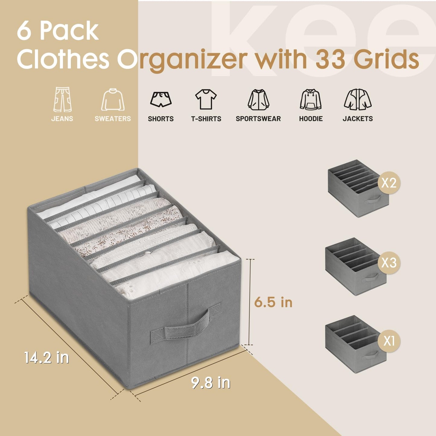 Criusia 6 Pack Large Clothes Organizer, Wardrobe Closet Organizer and Storage with Handles, Foldable Fabric Closet Organizers Dividers for Clothing, Pants, Jeans, Sweater, T-shirts, Grey