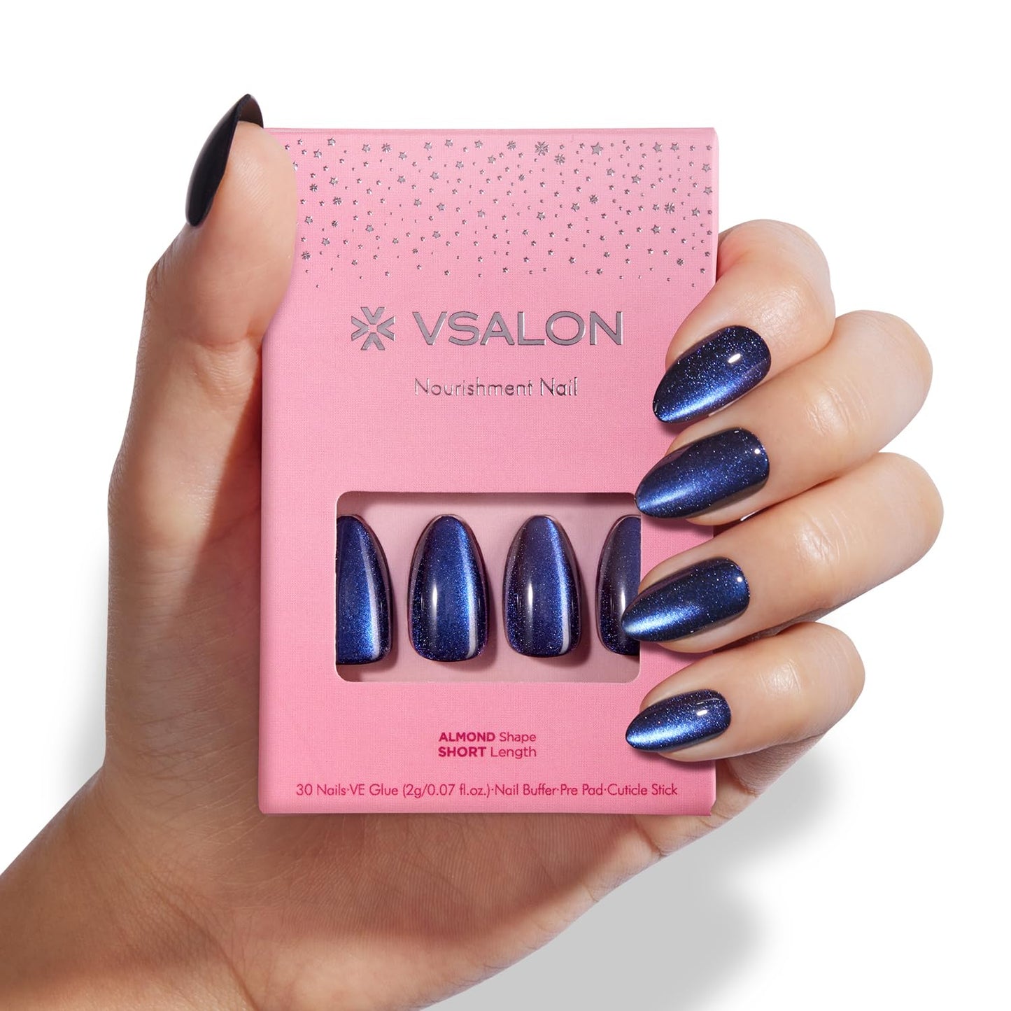 VSALON Press on Nails Short Almond, Cat Eye Nails Set, French Tip Reusable Gel Fake Nails Set, Dual Glam Nails & Mini Pack