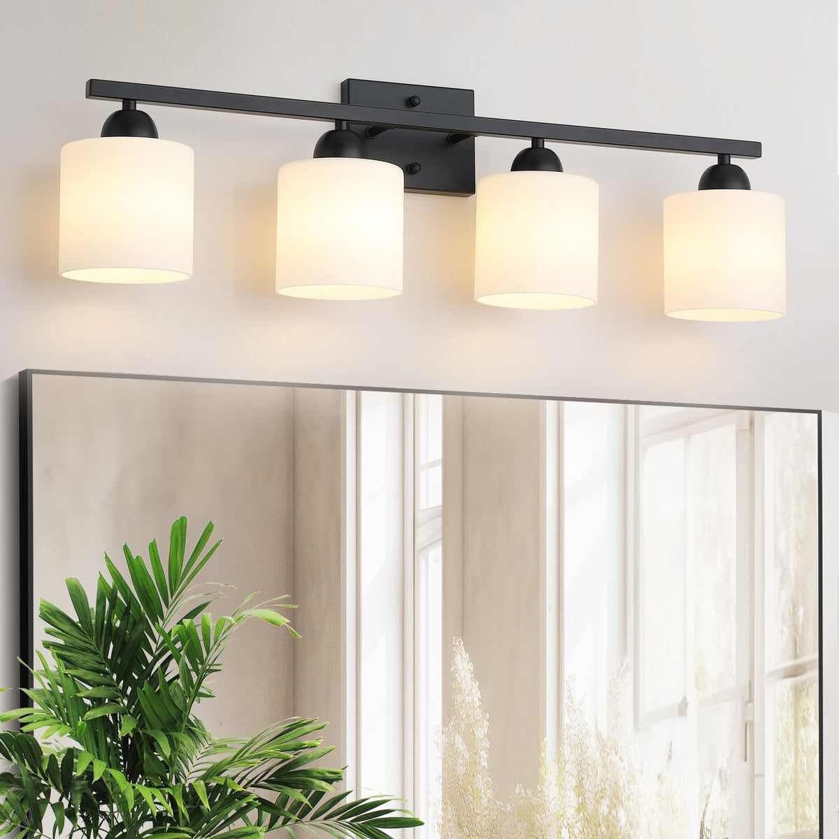 Milk Glass Vanity Lights for Bathroom, 4 Light Matte Black Bathroom Light Fixtures Over Mirror, Ceramic E26 Sockets Wall Mounted