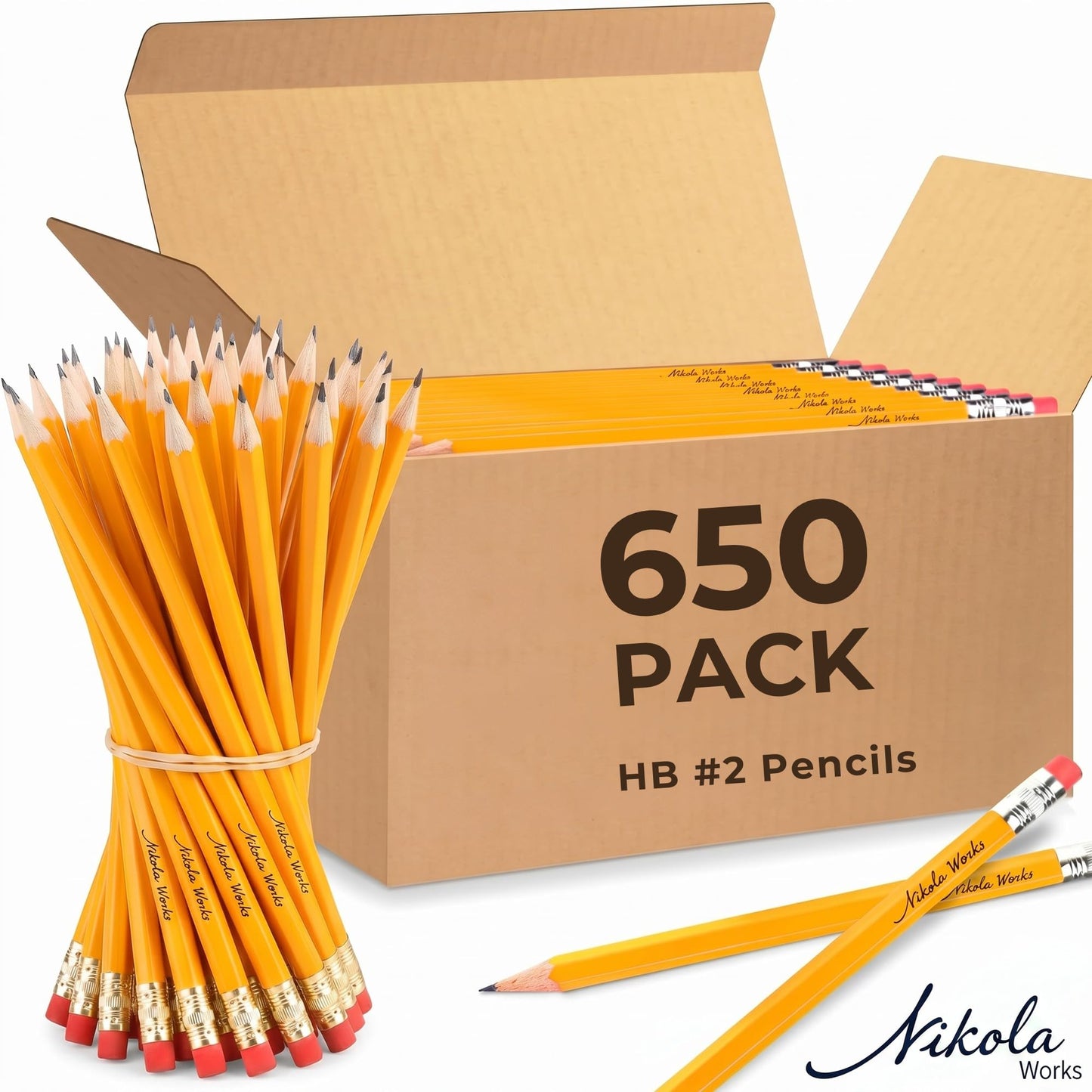 Nikola Works Bulk 650 Pack Premium Pre-Sharpened #2 HB Pencils USA Standard Wood Cased Graphite With Erasers