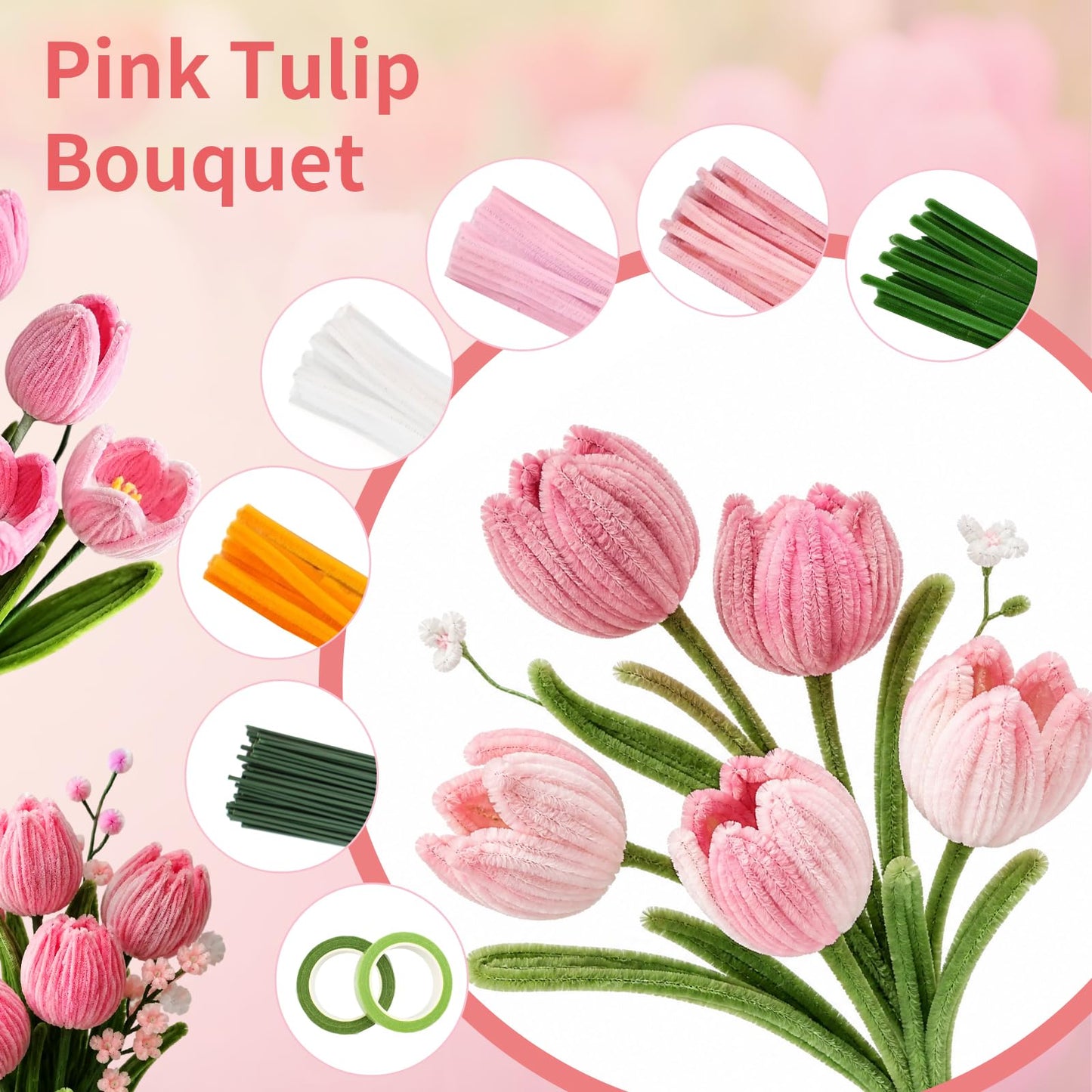 800PCS Pipe Cleaner Flower Kit, DIY Pipe Cleaners Craft Bouquet Making Kit with Floral Wires & Tape, DIY Chenille Stems Craft Supplies with Wrapping Paper & Ribbon for Home Decor