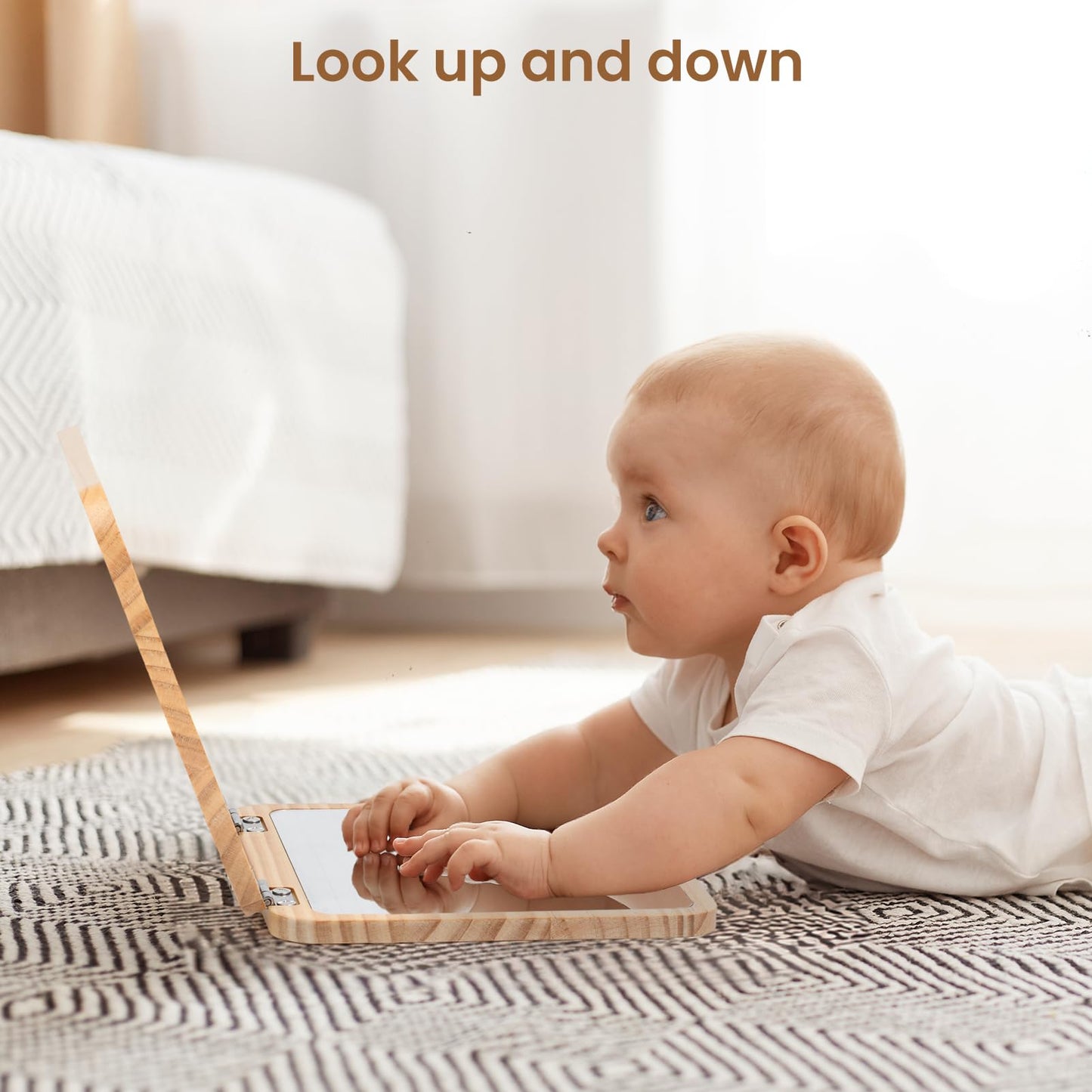 Woodtoe Tummy Time Mirror for Infant, 0-180° Adjustable Baby Mirrors with 15 Black and White Educational Cards, Shatterproof & Portable Baby Safe Mirror Toy, Developmental Baby Gift for 0-6 Months