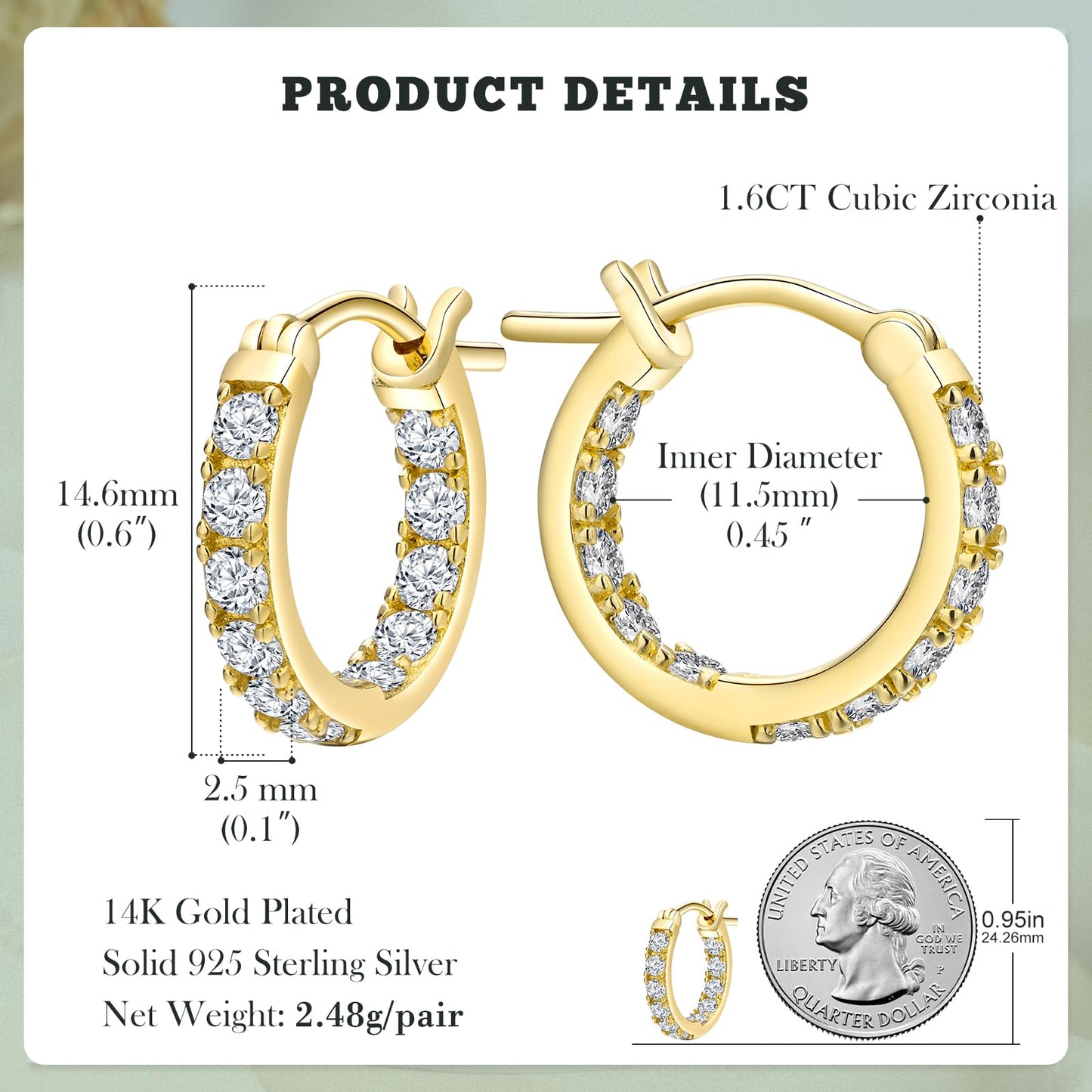 Cubic Zirconia Small Hoop Earrings for Women 925 Sterling Silver Created Diamond Earrings 14K Gold Plated Chunky Huggie Hoop Earrings