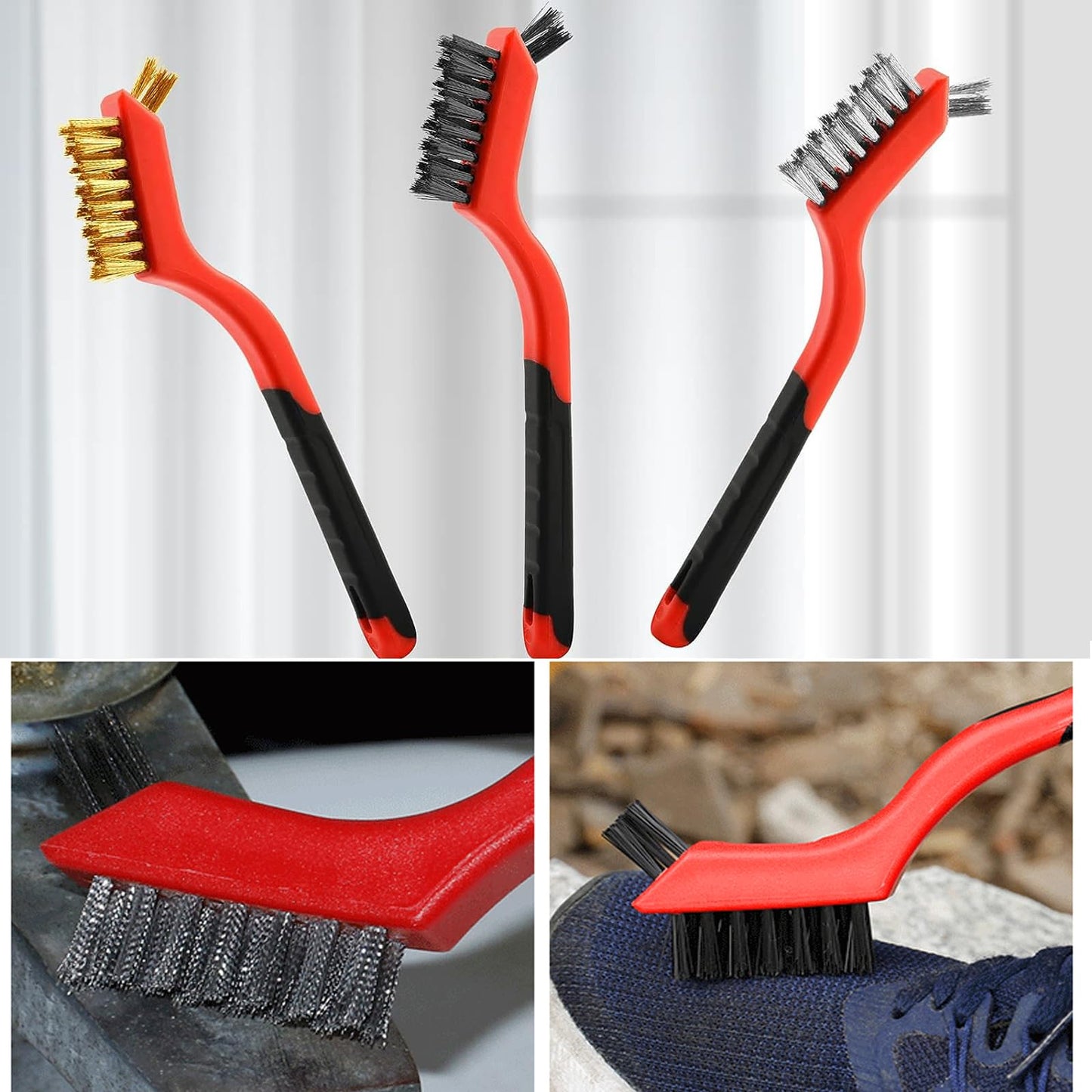 Wire Brush 9Pcs Metal Scrubber - Nylon/Brass/Stainless Steel Bristles with Curved Handle Grip for Cleaning Rust Removal, Dirt, Paint Scrubbing with Deep Cleaning – 7 Inches