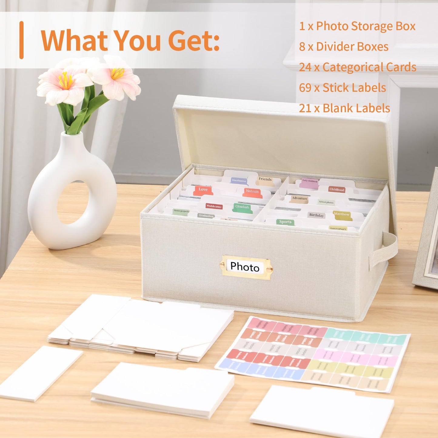 Aokeyee 2PC Photo Storage Box - Decorative Linen Memory Organizer for 4x6 Pictures, Keepsake Box with Dividers & Labels, Holds 3400+ Photos
