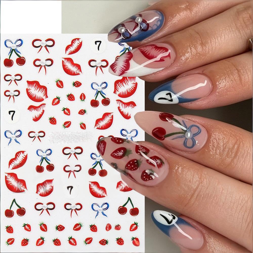 Strawberry Lips Nail Art Stickers Bow Cherry Nail Art Decals 3D 6Sheets Self-Adhesive Fruit Stickers Beetle Flower Leaf Nail Designs for Women Summer Fresh Style Nail Supplies Decorations