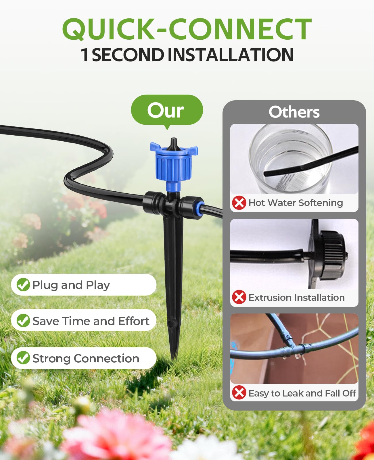 HIRALIY 50FT Pressure Compensated Drip Irrigation System with Timer, No-Leak Quick Connect Automatic Watering System, 12 Adjustable Emitters for Uniform Flow, Garden, Patio, Raised Bed