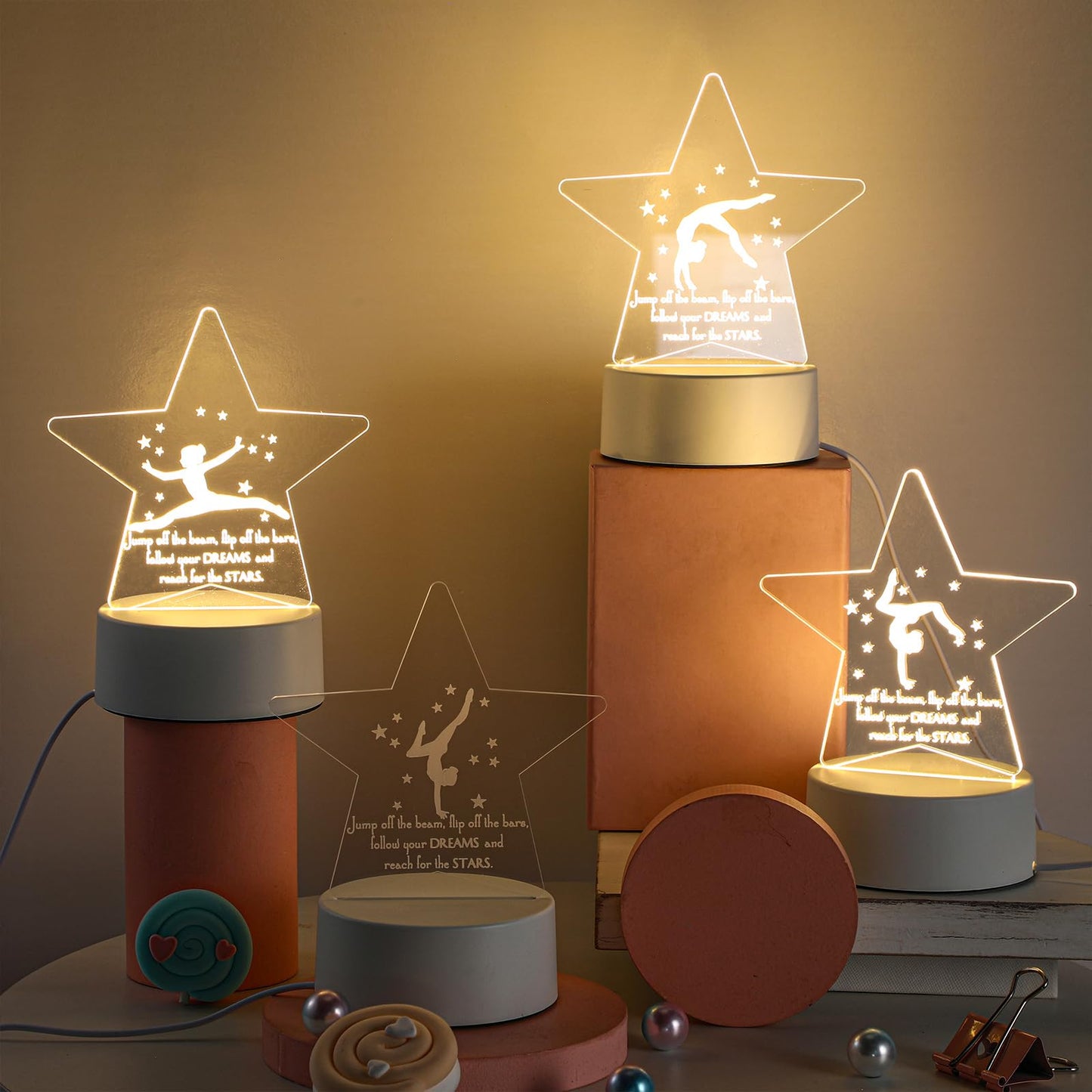 Kittmip 6 Pcs Gymnastics Stuff Gifts 3D Night Light with Base Inspirational Acrylic Appreciation Gymnastics Lamp LED for Student Dance Team Gymnast Gifts