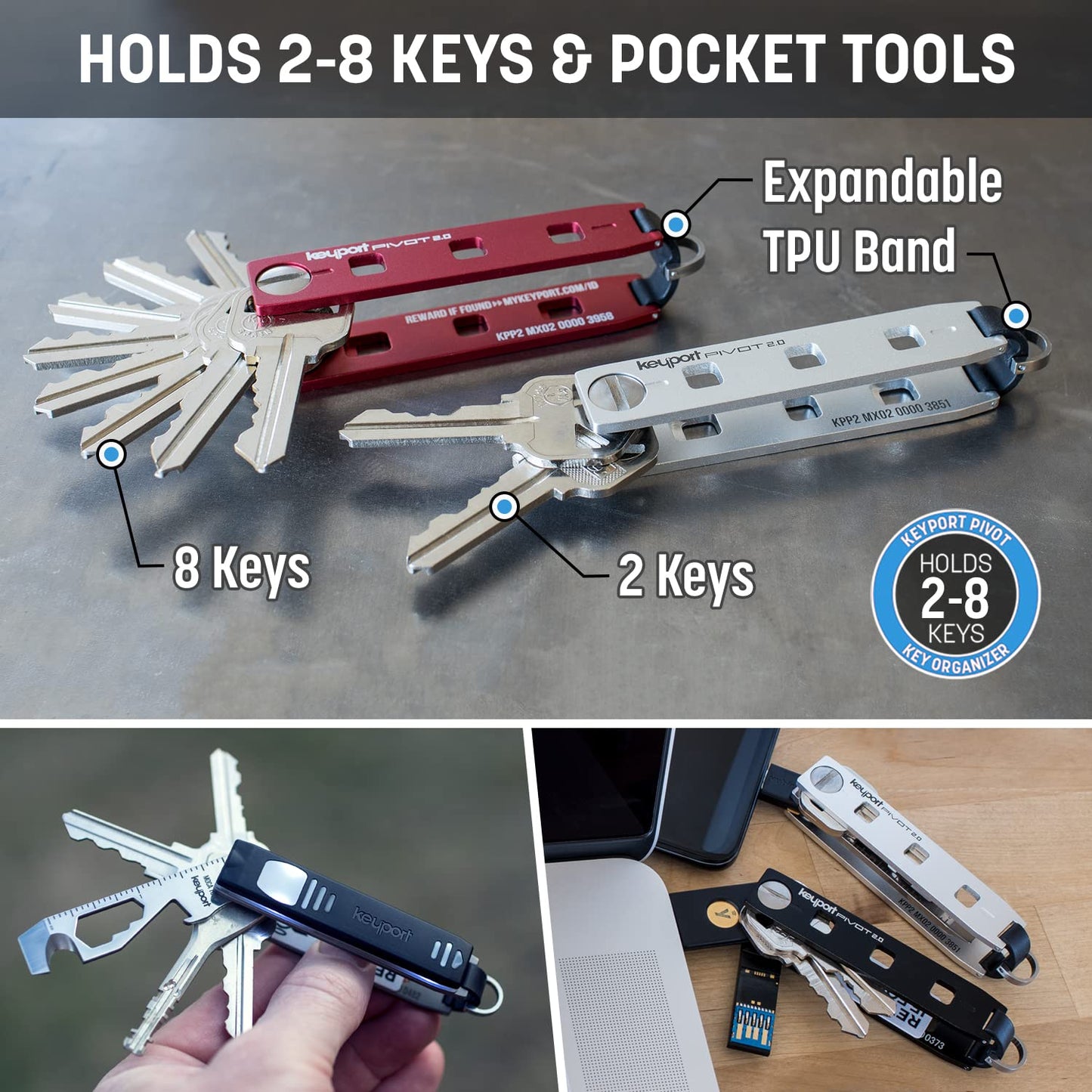 Keyport Pivot 2.0 Key Organizer - EDC Key Holder with Car Key Fob Attachment and Lost & Found Service - Compact, Customizable Modular Design - Keychain Alternative Gift for Men - Aluminum (Silver)