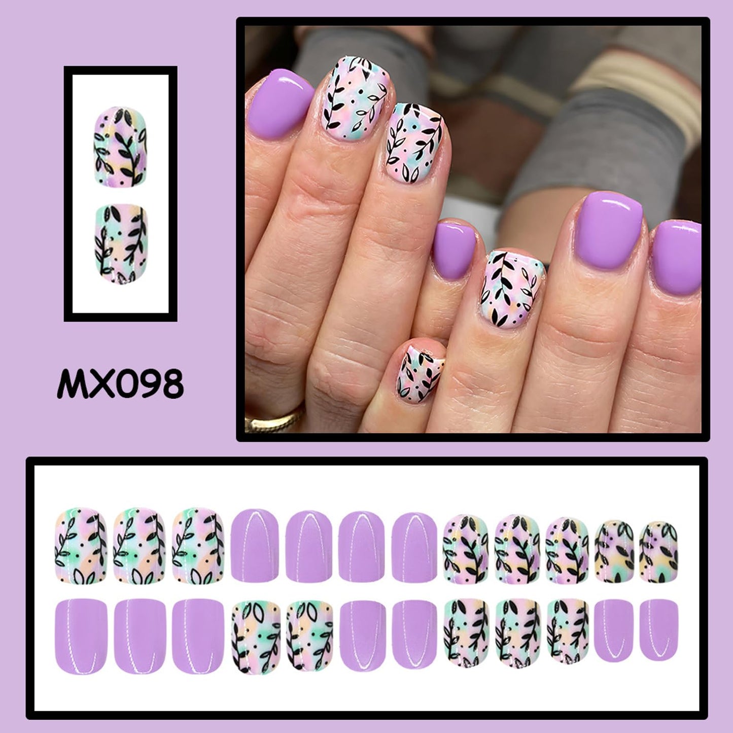 Square Press On Nails Short Fake Nails Leaf With Gradient Design Purple False Nails Spring Summer Acrylic Glue On Nail Full Cover Cute Press Ons Stick On Nail For Women Manicure Art 24pcs