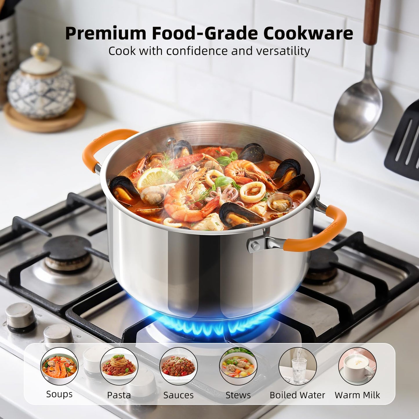Ciwete Stainless Steel Stock Pot, 5.2 Quart Soup Pot with Lid, Heavy-Duty Thick Bottom Induction Cooking Pot for Pasta, Stew & Simmering, Even Heating, Compatible with All Cooktops, Dishwasher Safe