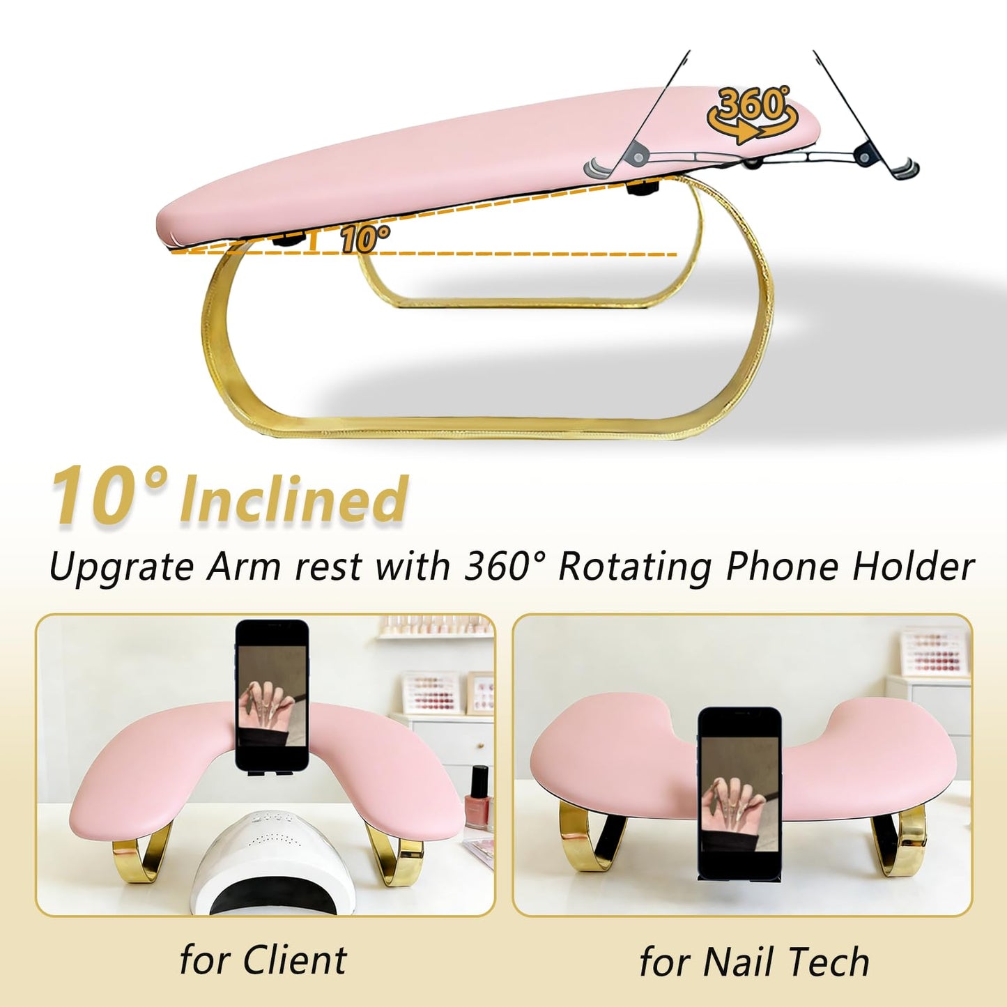 Rotating Phone Holder Nail Arm Rest, PU Leather U-Shaped Hand Stand for Nail Technicians & Manicure Use (pink)