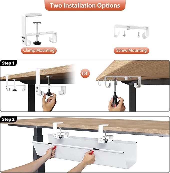Univivi No Drill Under Desk Cable Management Tray, 28" Cord Organizer for Table, Clamp/Screw Mount Desk Cable Management, Premium Fabric Cable Management Tray for Office, Home