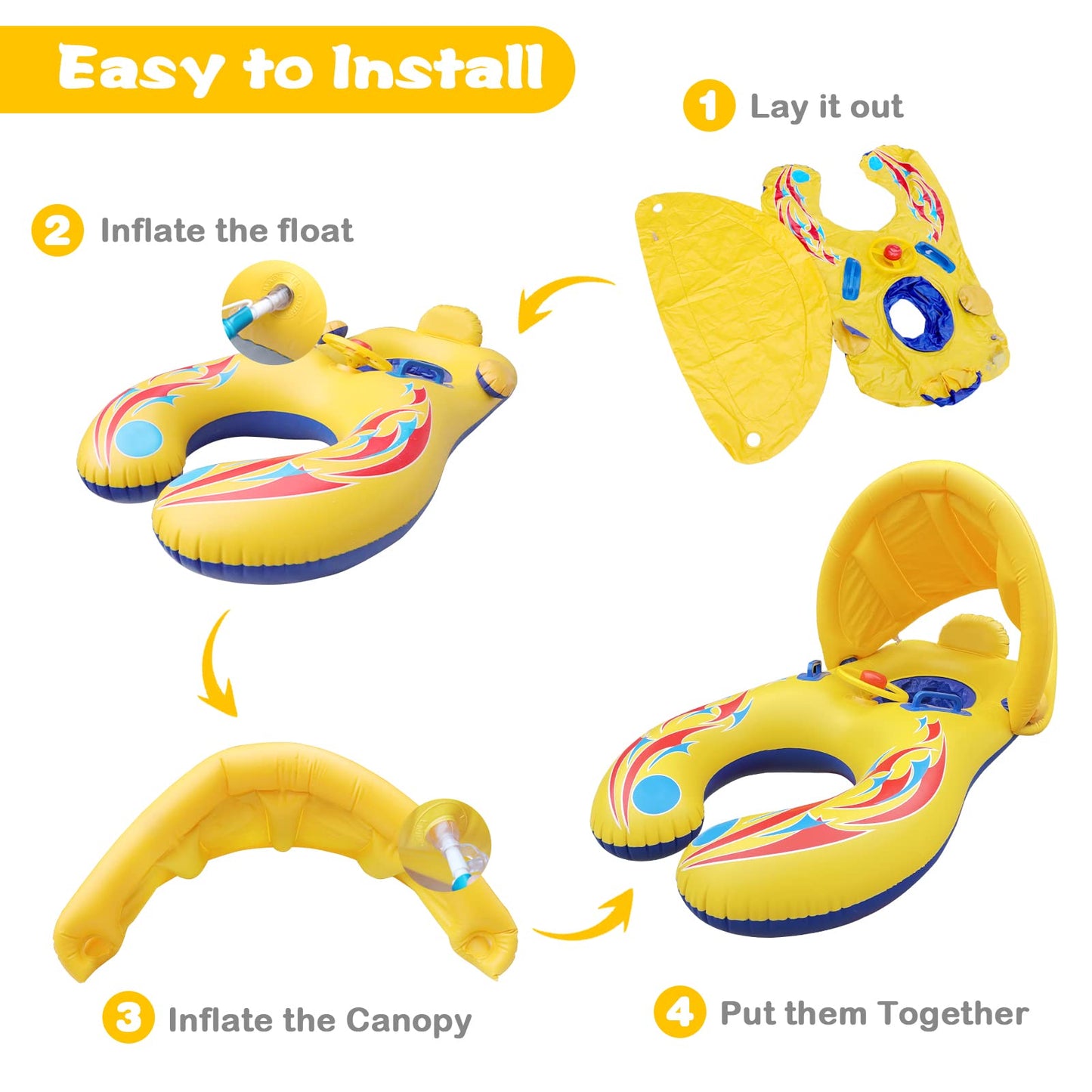 EEOCWF Mommy Baby Pool Float with Canopy Detachable, Interactive Parents Toddlers Swimming Ring, Inflatable Infant Pool Floaty Toddler Floats with Handle for Summer