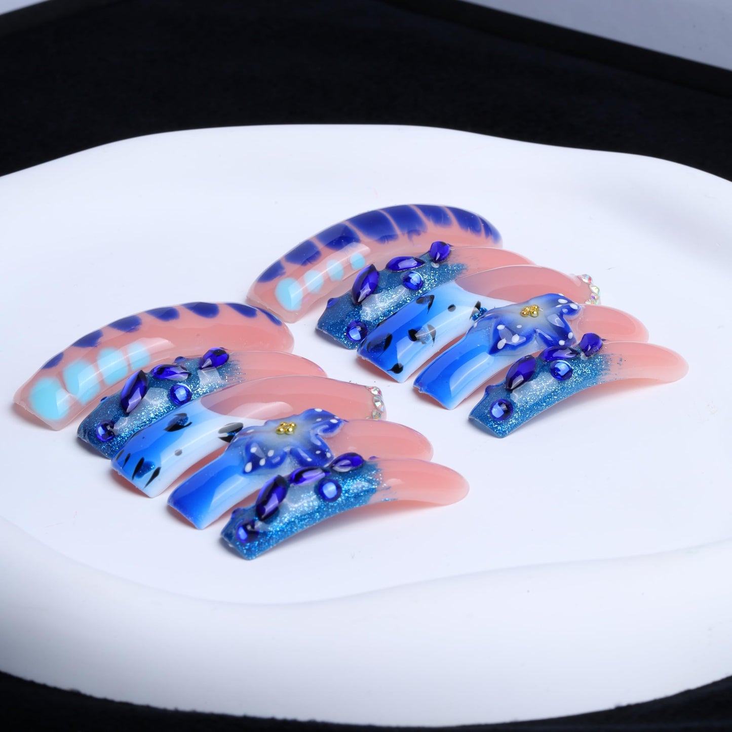 IntoVibes Handmade Curved Press On Nails, 10 Pcs Long Pink Blue Gradient Acrylic False Nails with 3D Flower and Rhinestones (L)