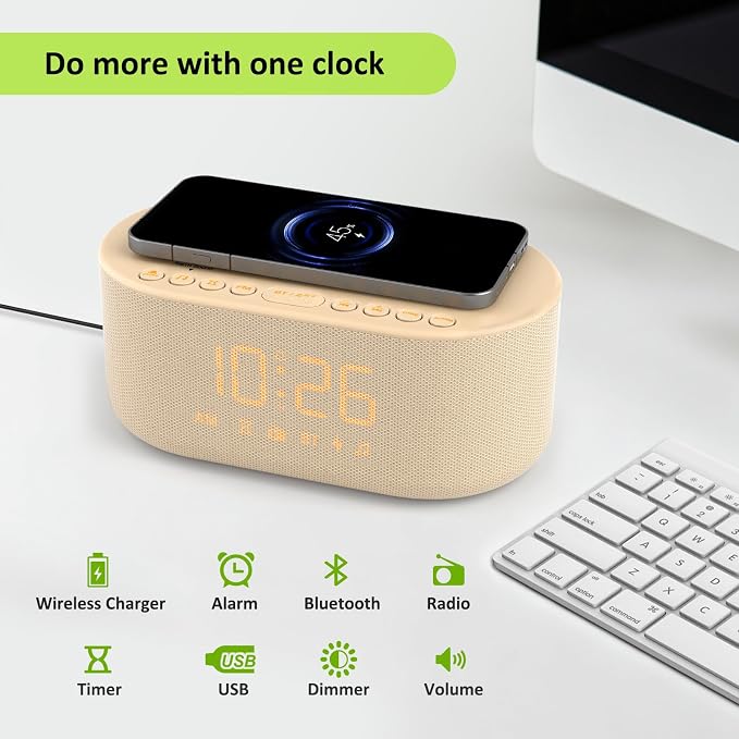 DreamSky Alarm Clock Radio with Wireless Charging and Bluetooth Speaker