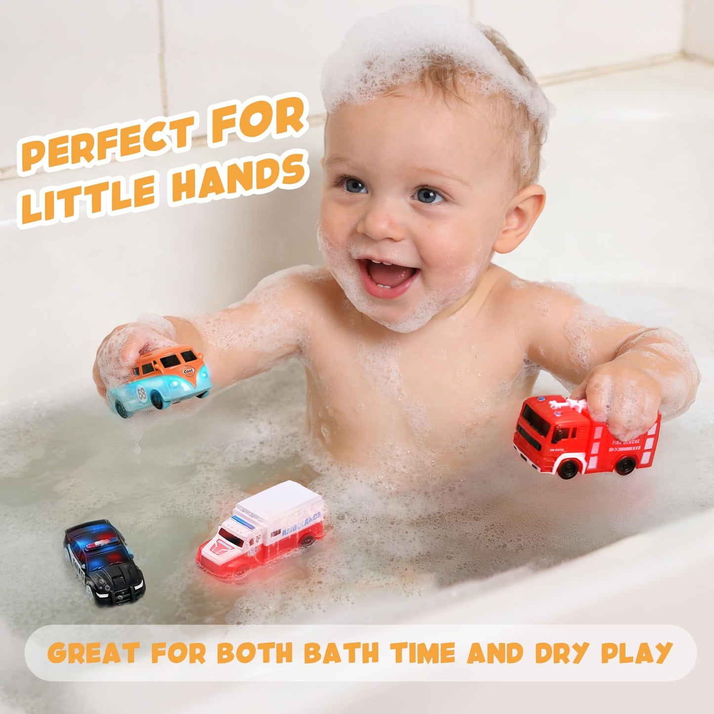 CLYMENE Car Light Up Bath Toys, 4 Pack Water Activated Light Up Toys, No Hole Floating Water Vehicle Toddler & Baby Bath Toys for Endless Tub Fun