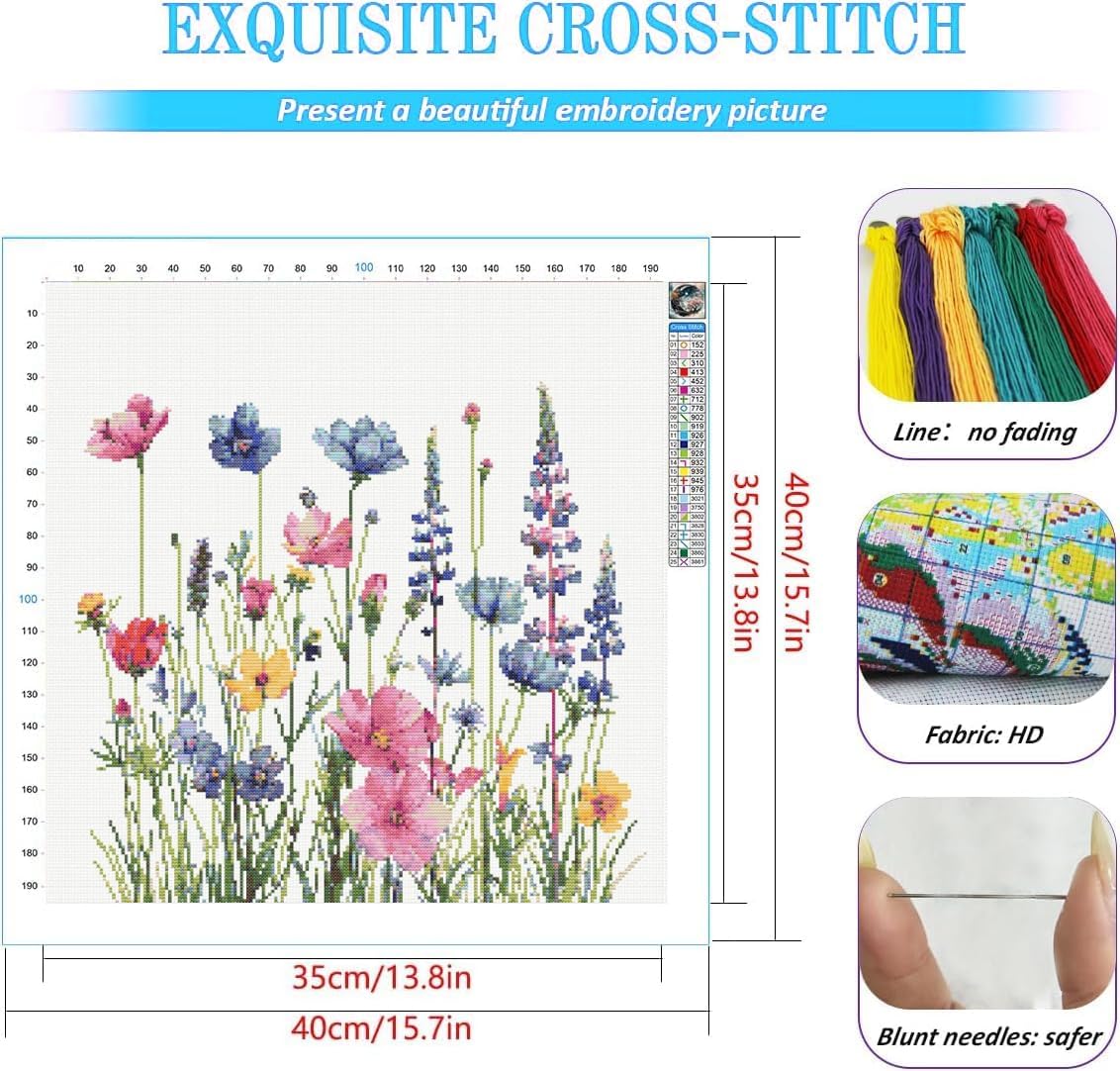 KYOQFVN Flower Stamped Cross Stitch Kits for Adults，11CT Needlepoint Counted Cross Stitch Kits for Beginner，Printed Dimensions - Embroidery Kit Arts and Crafts 14×14 Inch