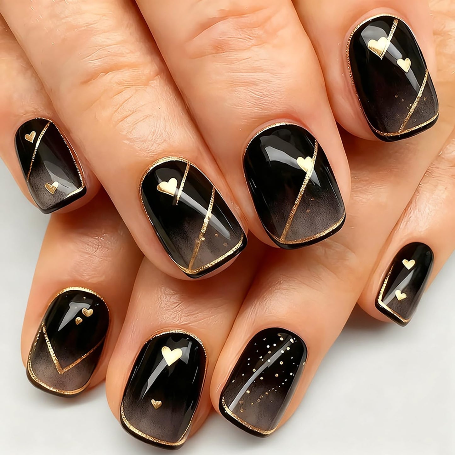 Press on Nails Black Gradient False Nails Gold Heart Line Glue on Nail Glossy Short Square Stick on Nail for Women DIY Manicure