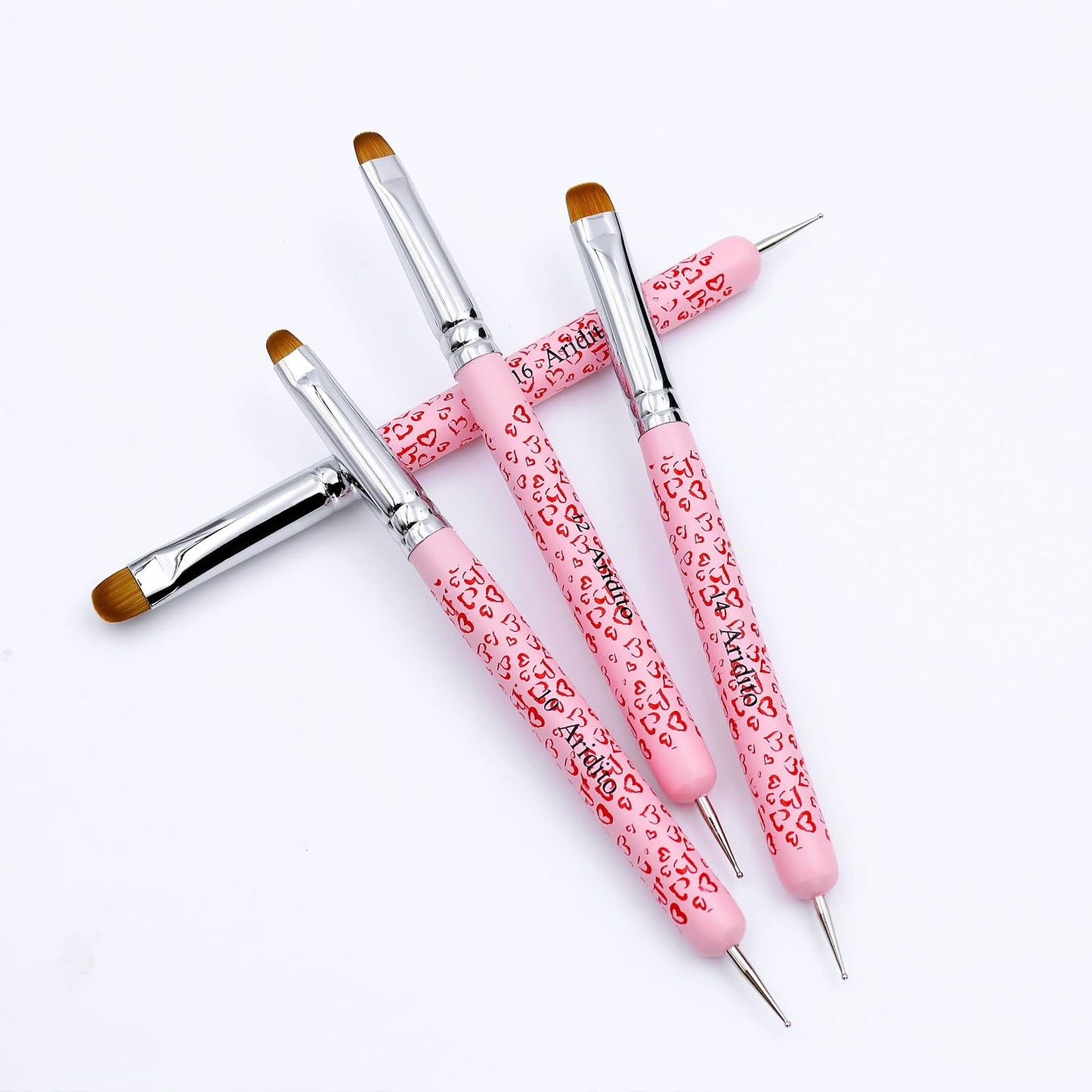 Aridito 4Pcs Professional Acrylic French Manicure Clean-Up Brushes & Dotting Pens - Pink Heart Handles, Precision Tips (#10#12#14#16) for Nail Art, Cuticle Care (pink)