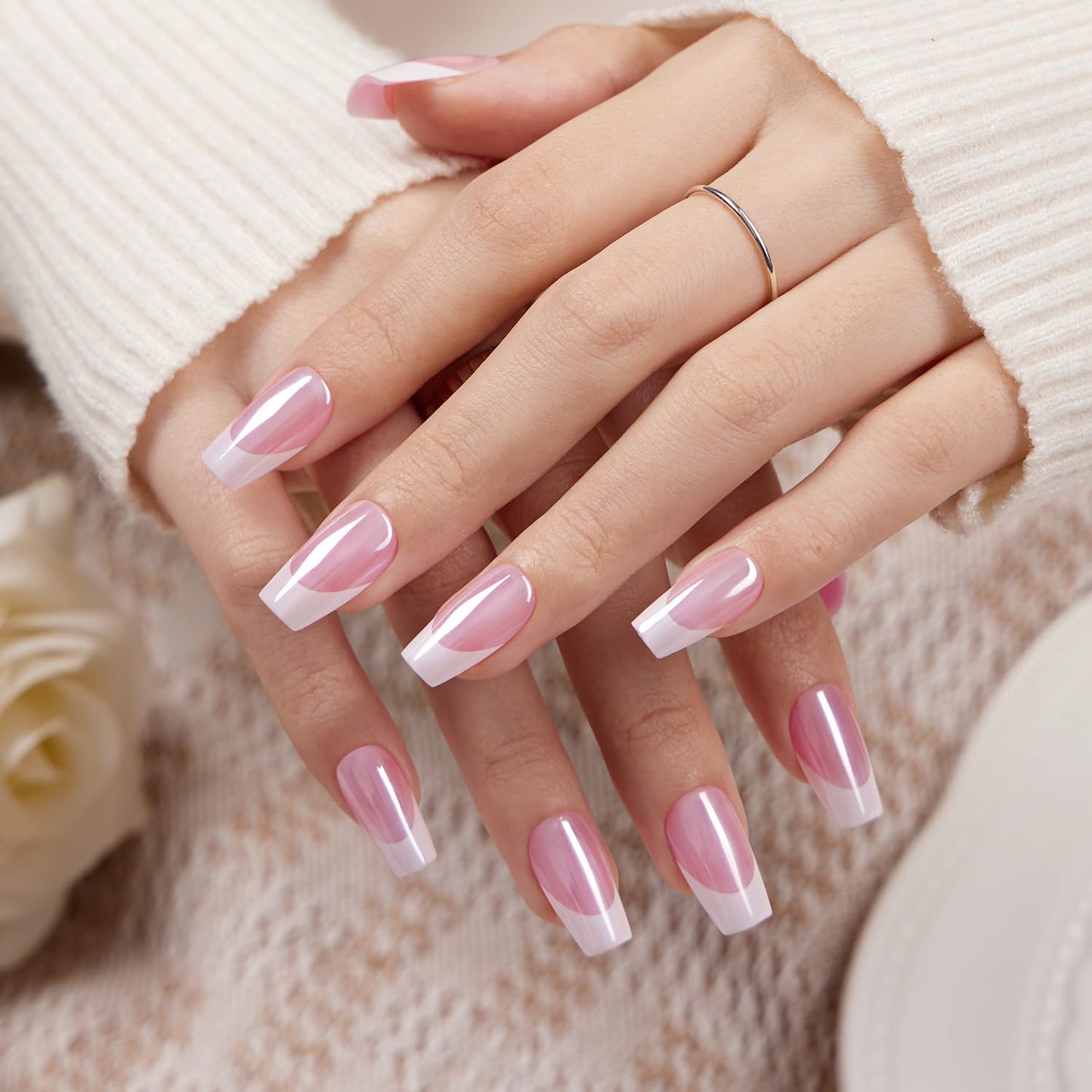 VSALON Press on Nails Short Coffin - Pink French Tips Glazed Chrome Fake Nails Kit, Long-Lasting & Reusable Opaque Soft Gel Spring Nails with Glue & Cuticle Oil