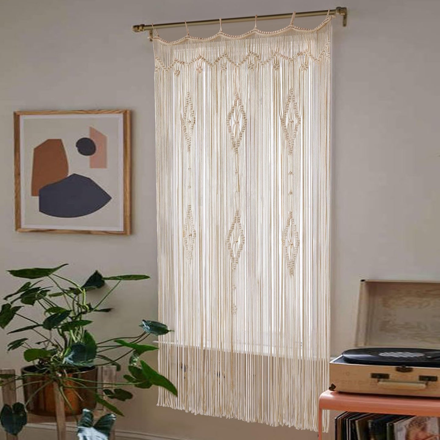 IOWER Macrame Curtain Long Cotton Window Panel Boho Curtains for Bedroom Wedding Backdrop Room Divider Doorway Closet Apartment 35''W x 70''L