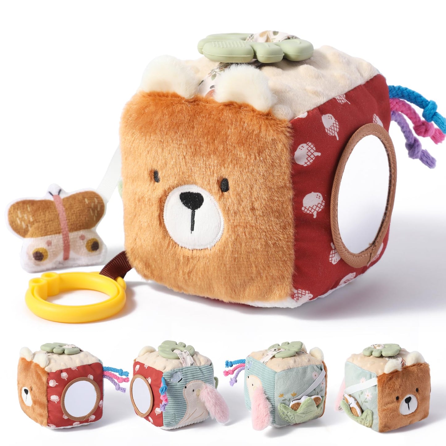 let's make Bear Baby Activity Cube for Babies 0-12 Months, Soft Activity Block Toy with Food-Grade Teether & Baby-Safe Mirror, Tummy Time Crinkle Toy for Infants Boys Girls