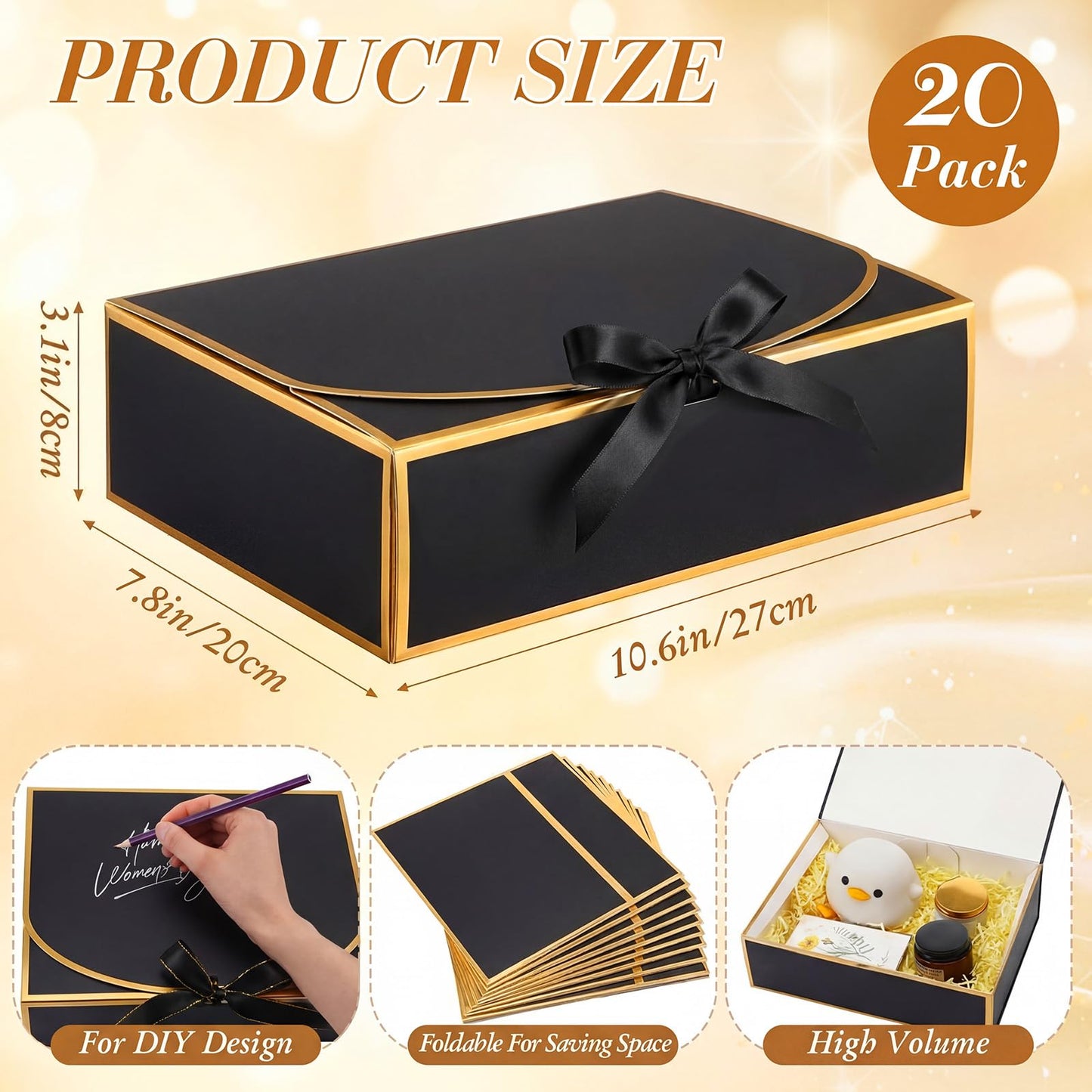 Jaloro 20 Pack Black Gift Boxes with Lids Bulk 10.6x7.8x3.1inch Black Gift Boxes with Gold Ribbons Bridesmaid Proposal Box for Presents, Wedding, Birthday, Valentine's Day, Baby Shower, Anniversary