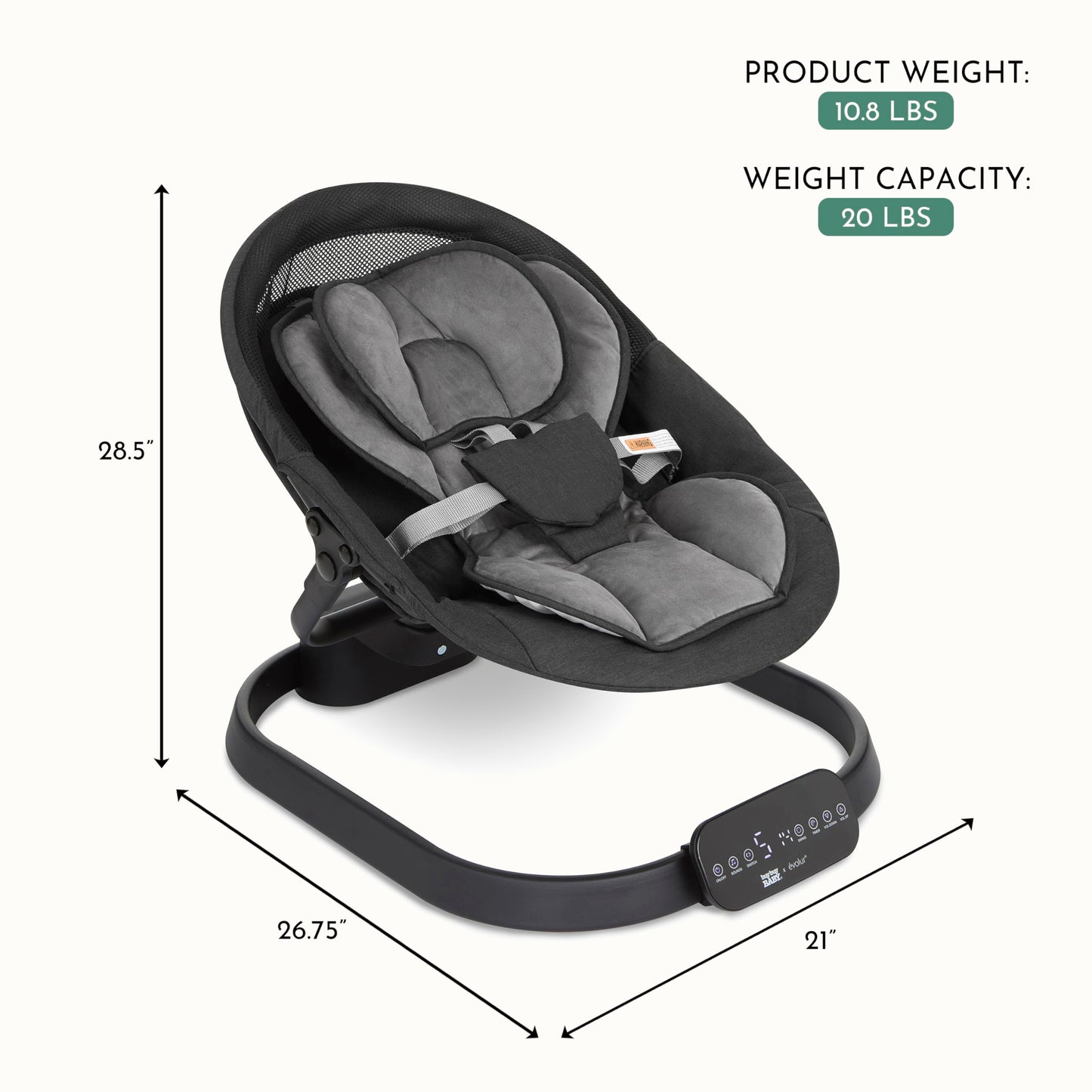Evolur Comfort Cocoon Baby Swing with TUYA Voice Control, 5-Speed Sway with Remote, Touchscreen Motion & Music, Removable Canopy & Toys, 5-Point Safety Harness – Black