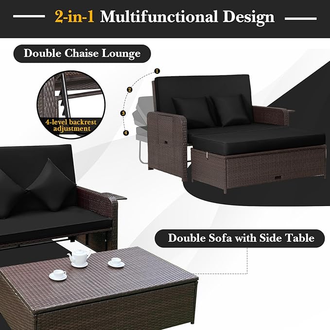 HAPPYGRILL Patio Rattan Wicker Daybed with Loveseat & Storage Ottoman, Outdoor Lounge Sofa Furniture Set with Adjustable Backrest & Side Trays, for Poolside Deck Porch Lawn (Mix Brown & Black)