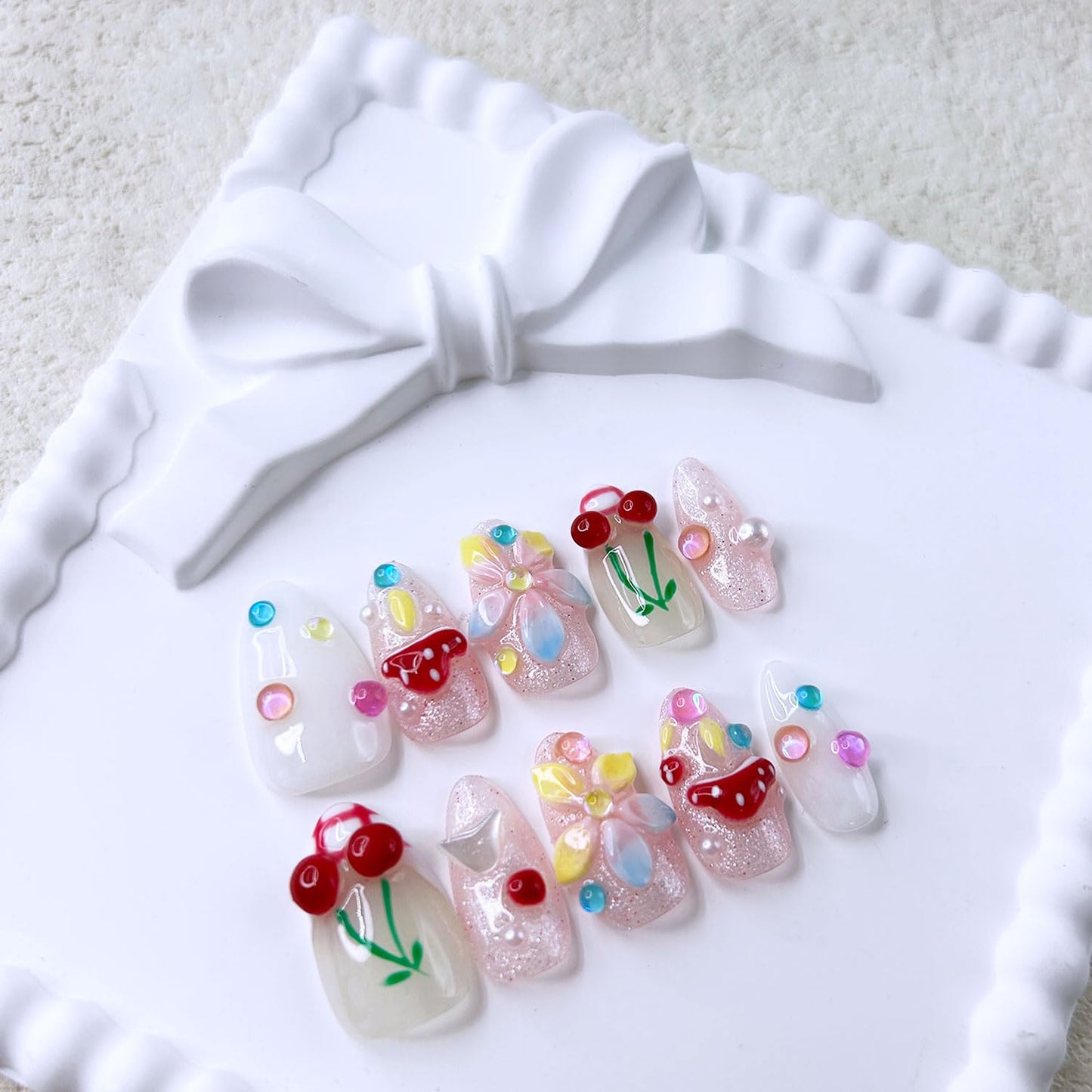 Short Almond Press on Nails Luxury Handmade Nails with Glue,3D Cherry Mushroom Rhinestone Designs False Nails Handmade Nail Press ons Muti-Layer Gel French False Nails for Women (Size S)
