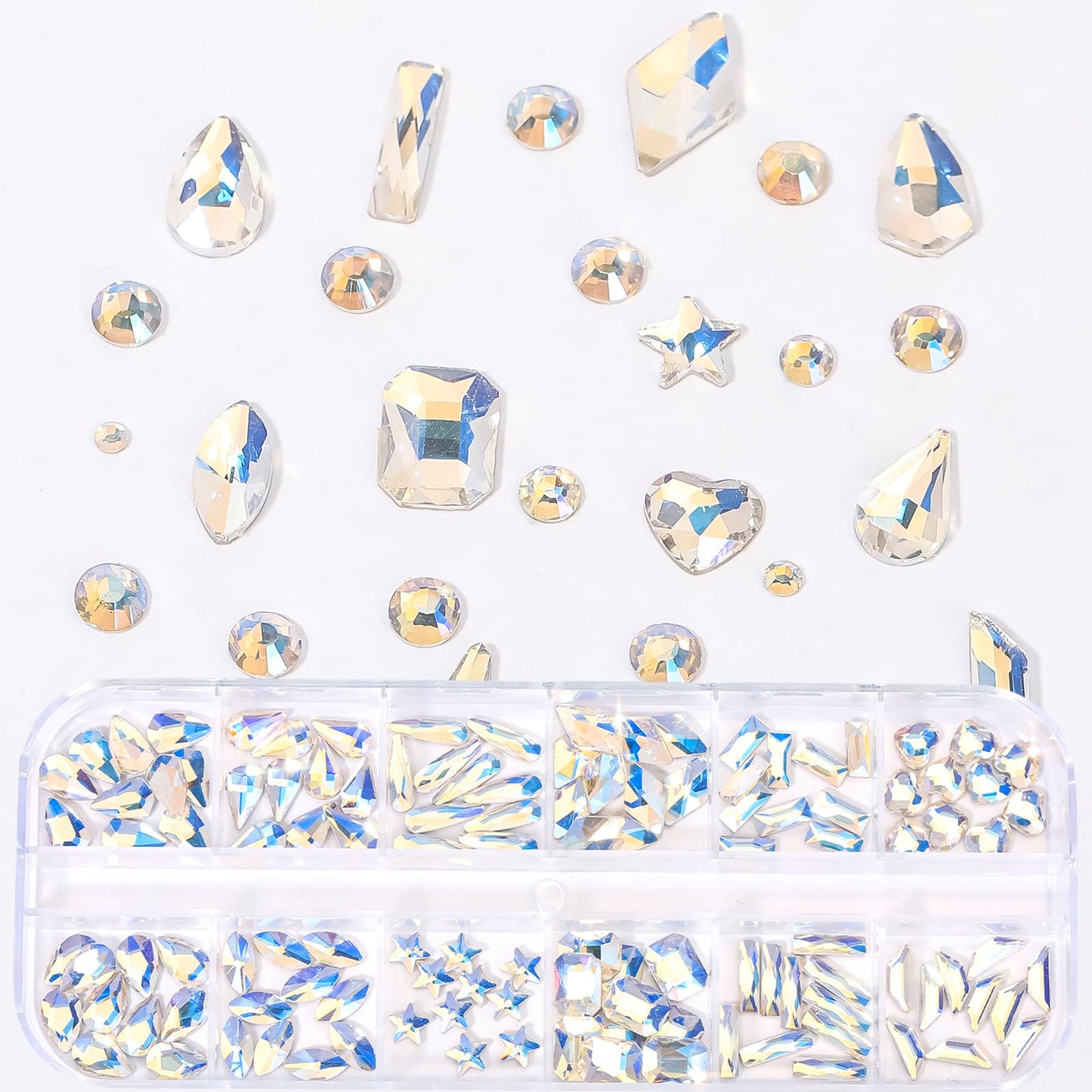HNUIX Nail Rhinestones - 3D Multi Shape Size, Crystal Blue Moonlight Nail Gems, Flat Back, with Kit, for Nail Art, DIY Decorations