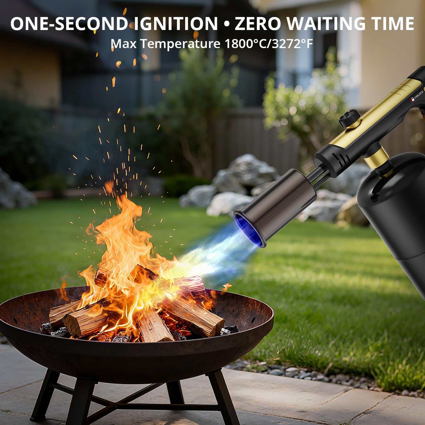 KinetiFire Powerful Propane Torch Gun, Cooking Torch with One-Touch Max Fire, Adjustable Culinary Torch for Searing Steak, Sous Vide, BBQ and Campfire Starter, Gold & Black(Tank Not Included)