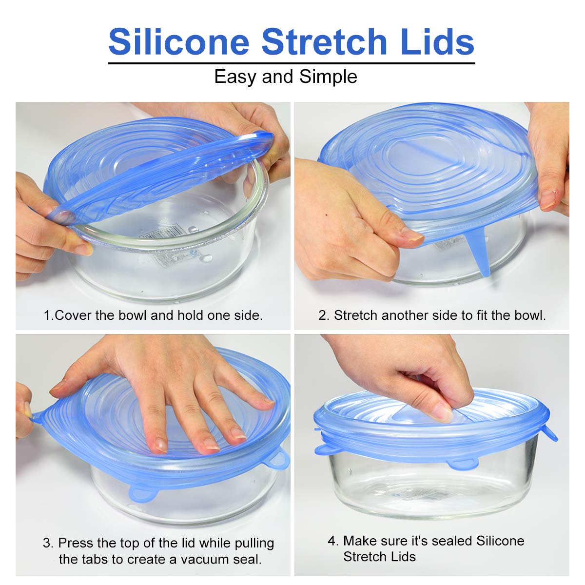 Longzon Silicone Stretch Lids 14 Pack Include 2Pcs Size up to 9.8'' Diameter,Reusable Durable Food Storage Covers for Bowl,7 Different Sizes to Meet 2.6"-9.8''Dia Containers,Dishwasher & Freezer Safe