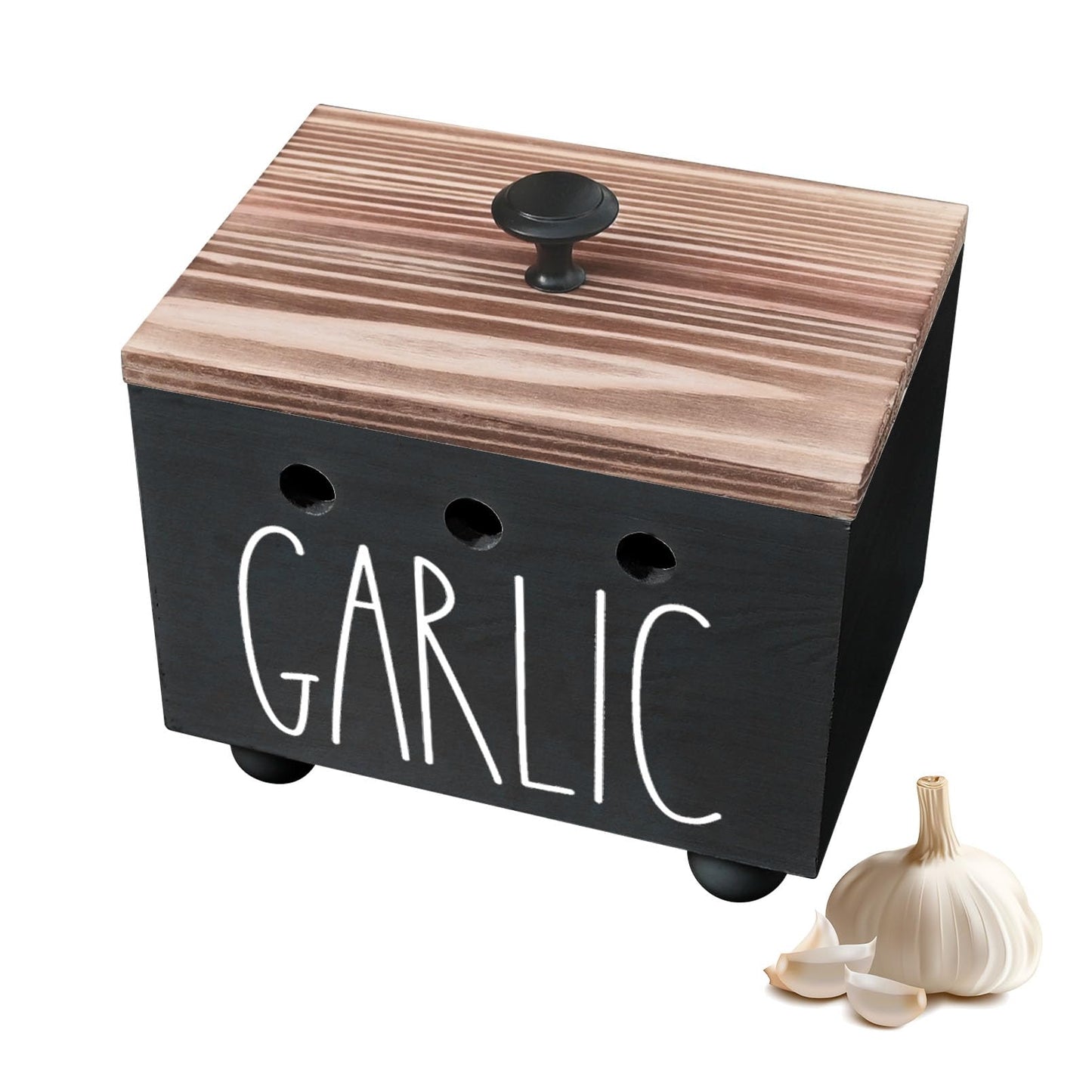 CHONIC Garlic Keeper, Farmhouse Garlic Holder for Counter, Rustic Garlic Container, Wood Garlic Storage Box, Garlic Organizer Bin, Garlic Saver for Kitchen Countertop(Black)