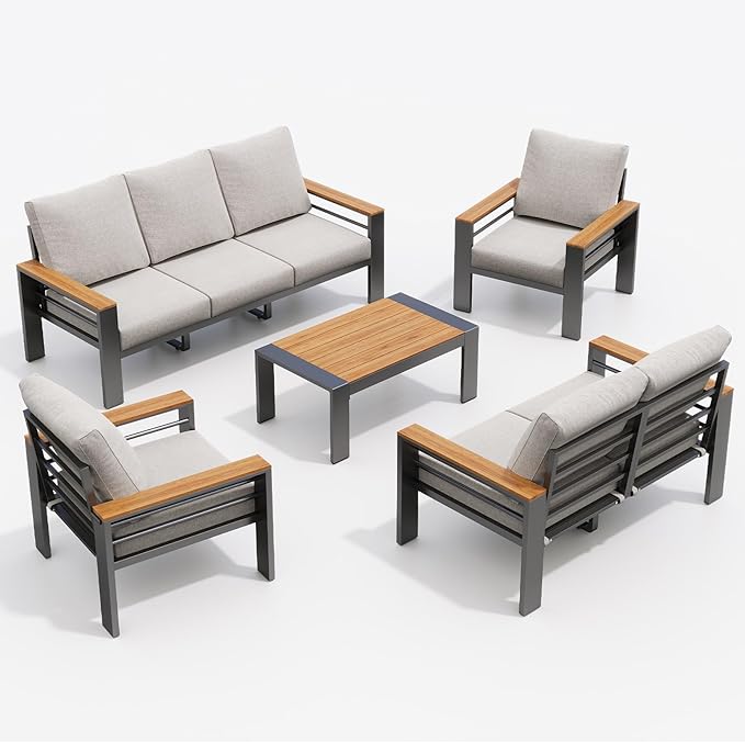 Aoxun Aluminum Outdoor Patio Furniture Set, 7 Seats Outdoor Sectional with Coffee Table, Patio Conversation Sets with Upgraded Armrests and Cushions for Backyard, Garden and Poolside
