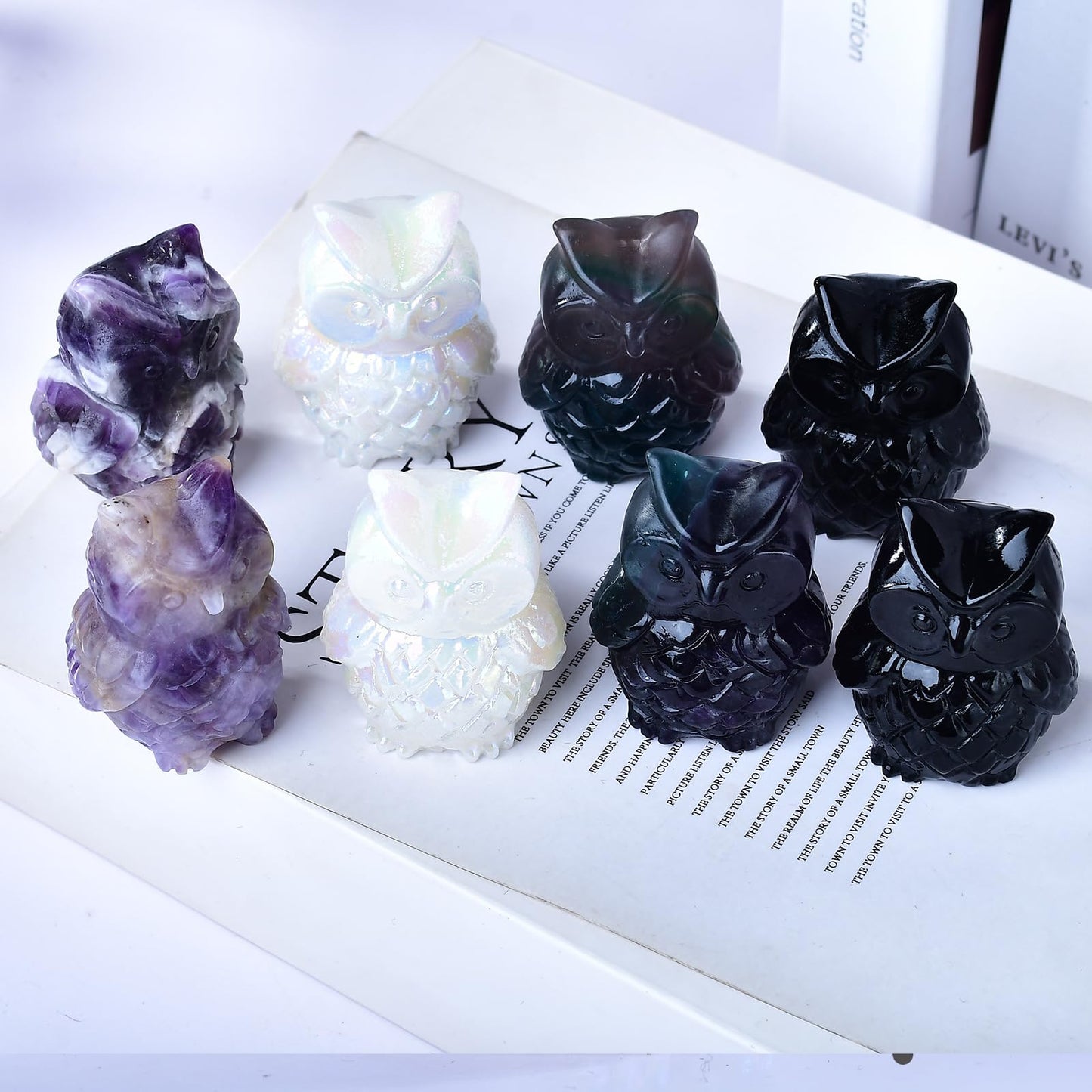 Ytbeoxk 1.9 Inch Amethyst Owl Statue Owl Figurine Home Decor, Healing Crystal Cute Decor Figurines, Hand-Carved Gemstones, Bedroom Office Spiritual Gift