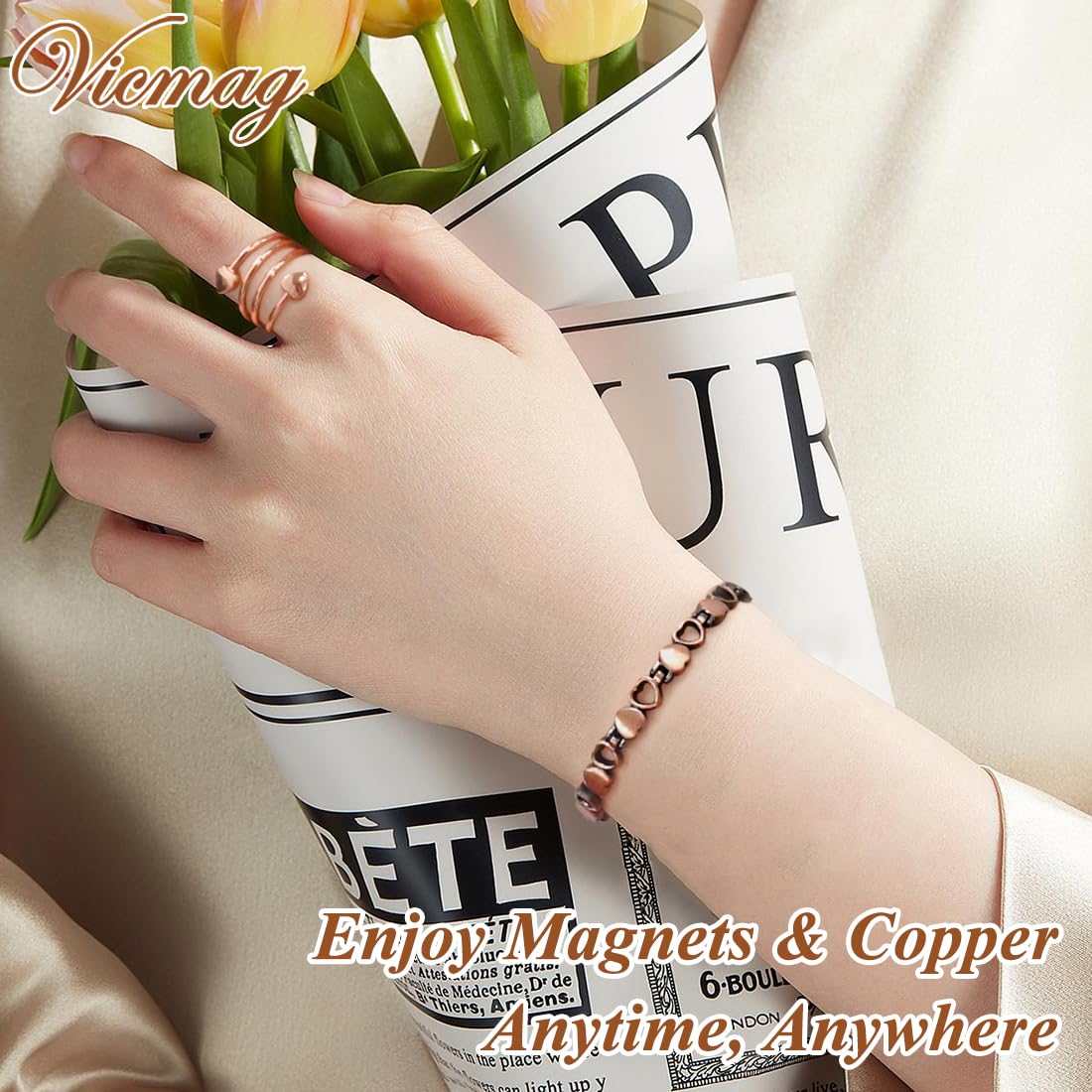 Vicmag Copper Bracelet for Women Ultra Strength Magnetic Bracelets with Effective Magnets 99.9% Pure Copper Jewelry Present with Adjustment Tool