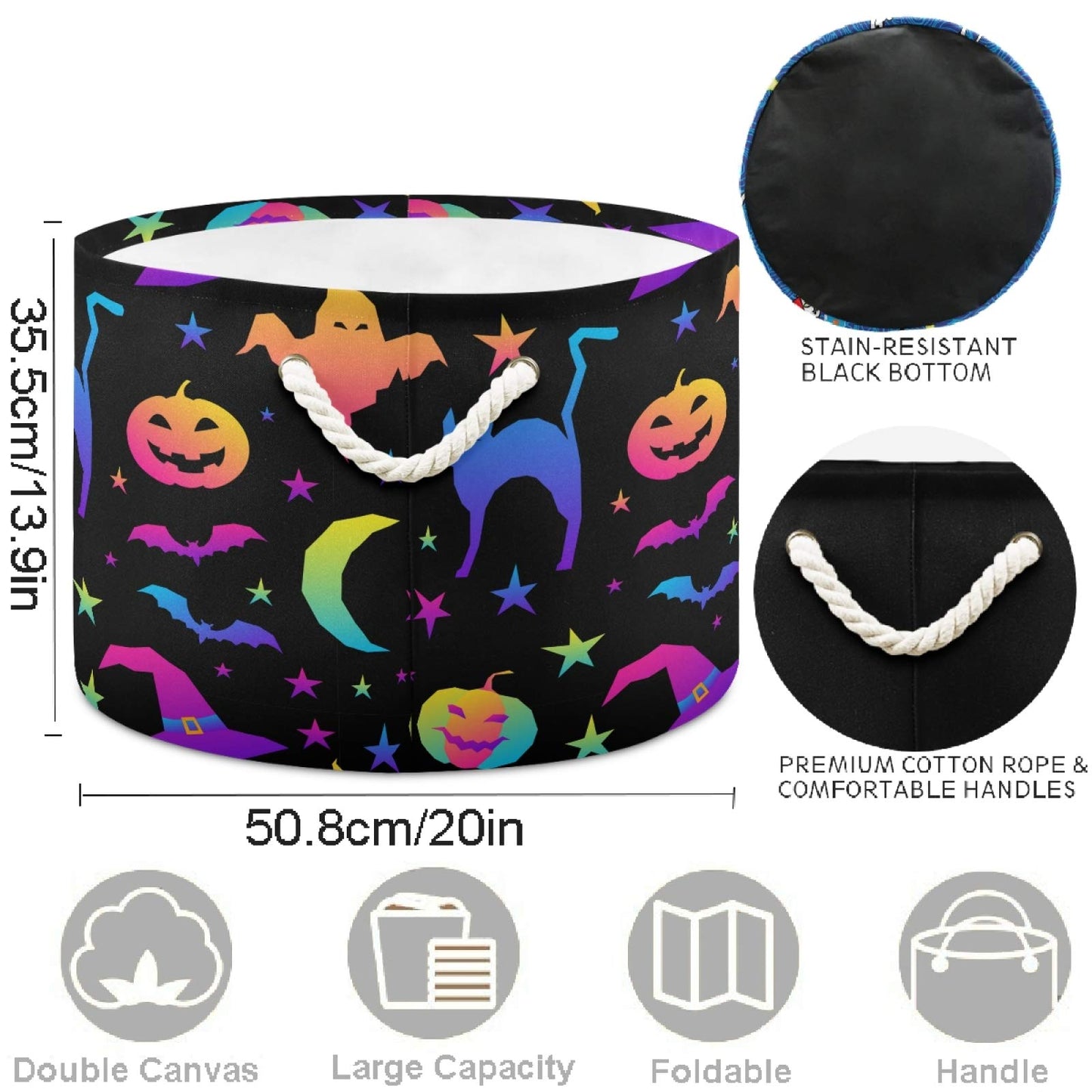 visesunny Halloween Pumpkin Cat Bat Ghost Witch Hat Collapsible Large Capacity Basket Storage Bin with Durable Cotton Handles, Home Organizer Solution for Office, Bedroom, Closet, Toys, Laundry