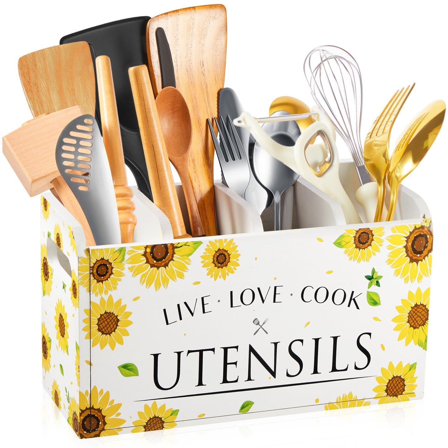 Kathfly Sunflower Kitchen Utensil Holder Christmas Gift for Countertop 4 Compartment Large Wooden Rustic Farmhouse Sunflower Cooking Utensil Organizer Kitchen Tools Storage for Home Counter