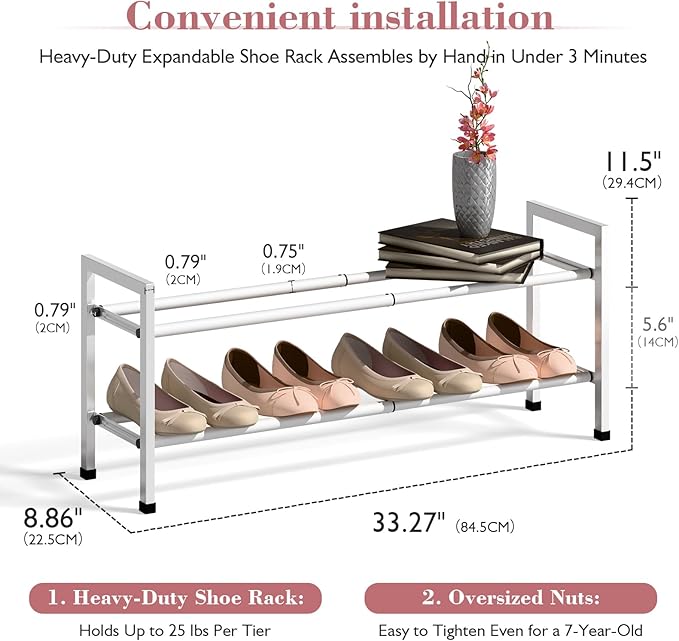 Bumusty 2-Tier Expandable Shoe Rack for Closet, 18“-33” Adjustable Shoe Rack for Small Space, Small Shoe Organizer for Front Door, Sturdy Metal, White